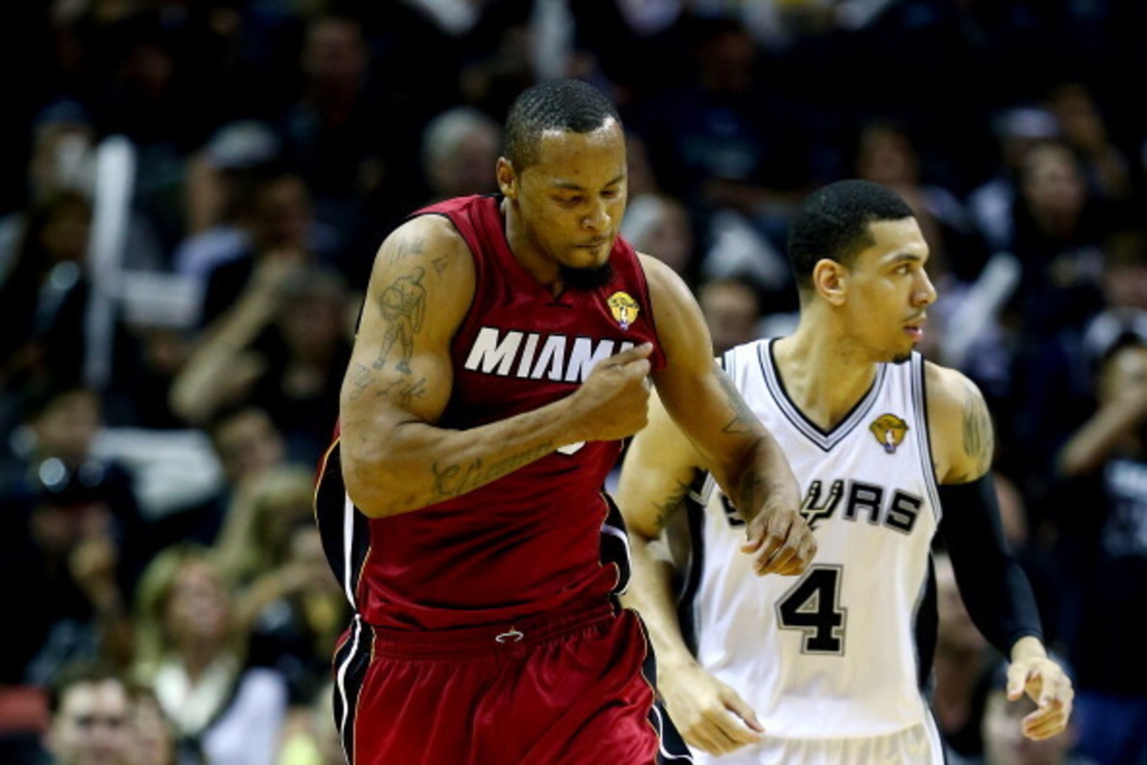 SAN ANTONIO, TX - JUNE 05: Rashard Lewis #9 of the Miami Heat reacts after hitting a shot against the San Antonio Spurs during Game One of the 2014 NBA Finals at the AT&T Center on June 5, 2014 in San Antonio, Texas. NOTE TO USER: User expressly acknowled