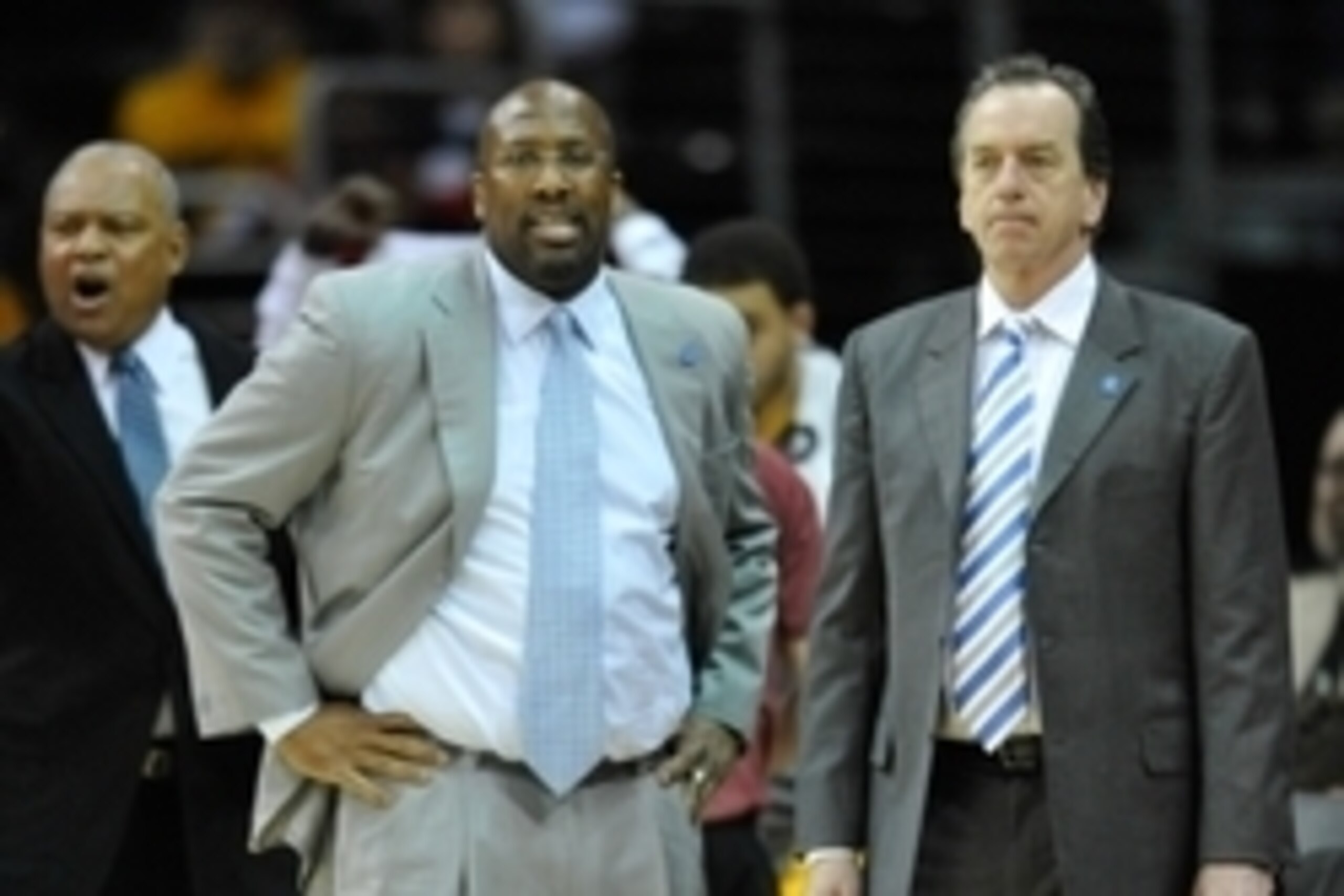 Mar 30, 2014; Cleveland, OH, USA; Cleveland Cavaliers head coach Mike Brown (center) stands with assistants Bernie Bickerstaff (left) and Jim Boylan during a game against the Indiana Pacers at Quicken Loans Arena. Cleveland won 90-76. Mandatory Credit: Da Mar 30, 2014; Cleveland, OH, USA; Cleveland Cavaliers head coach Mike Brown (center) stands with assistants Bernie Bickerstaff (left) and Jim Boylan during a game against the Indiana Pacers at Quicken Loans Arena. Cleveland won 90-76. Mandatory Credit: Da