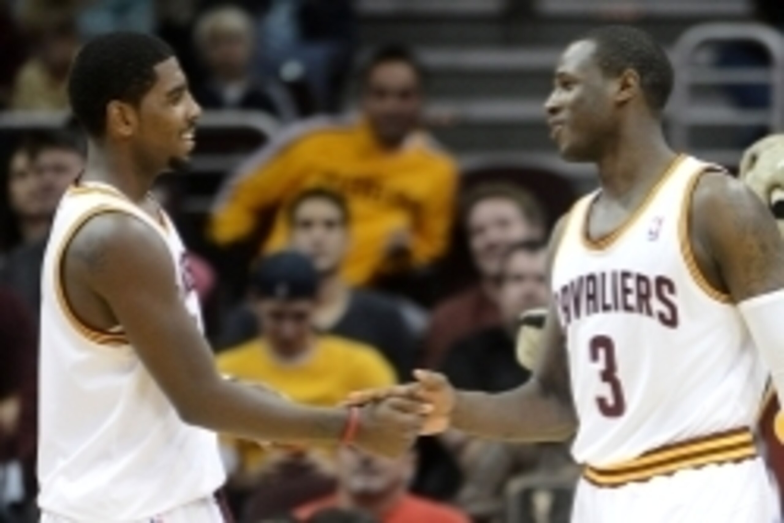 October 23, 2012; Cleveland, OH USA: Cleveland Cavaliers point guard Kyrie Irving (2) and guard Dion Waiters shake hands during a preseason game against the Indiana Pacers at Quicken Loans Arena. Mandatory Credit: Eric P. Mull-USPRESSWIRE October 23, 2012; Cleveland, OH USA: Cleveland Cavaliers point guard Kyrie Irving (2) and guard Dion Waiters shake hands during a preseason game against the Indiana Pacers at Quicken Loans Arena. Mandatory Credit: Eric P. Mull-USPRESSWIRE