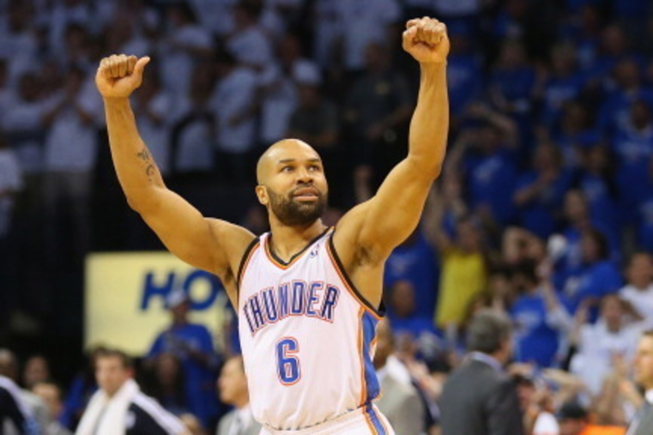 OKLAHOMA CITY, OK - APRIL 21:  Derek Fisher #6 of the Oklahoma City Thunder in Game Two of the Western Conference Quarterfinals during the 2014 NBA Playoffs at Chesapeake Energy Arena on April 21, 2014 in Oklahoma City, Oklahoma.  NOTE TO USER: User expre