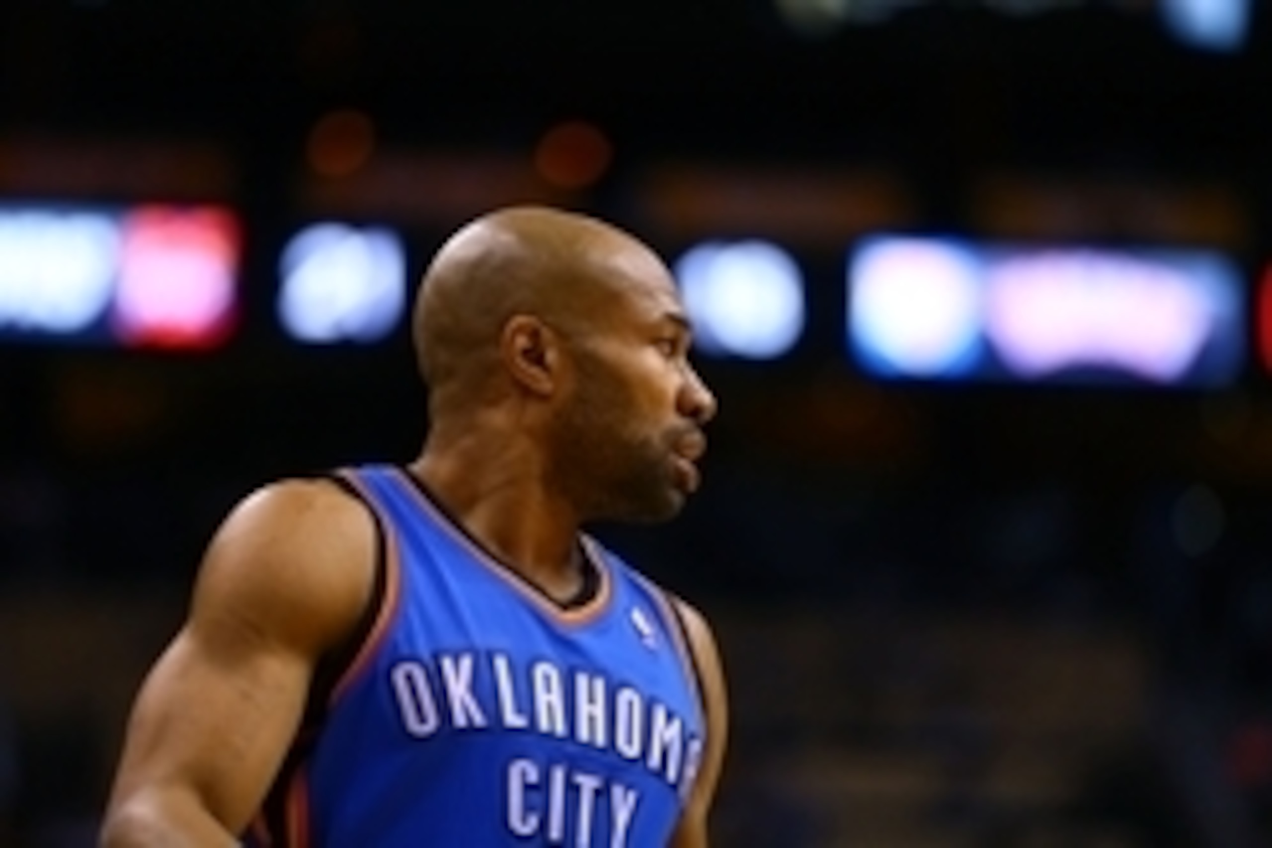 Apr 6, 2014; Phoenix, AZ, USA; Oklahoma City Thunder guard Derek Fisher (6) against the Phoenix Suns at US Airways Center. The Suns defeated the Thunder 122-115. Mandatory Credit: Mark J. Rebilas-USA TODAY Sports