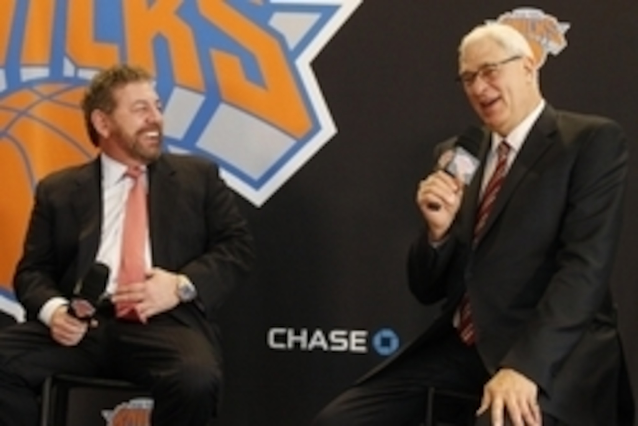 Mar 18, 2014; New York, NY, USA; Madison Square Garden chairman James Dolan (left) and New York Knicks new president of basketball operations Phil Jackson speak at a press conference at Madison Square Garden.  Mandatory Credit: William Perlman/THE STAR-LE