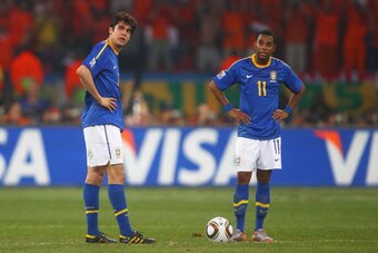 PORT ELIZABETH, SOUTH AFRICA - JULY 02:  Kaka and Robinho of Brazil look on as they restart the match during the 2010 FIFA World Cup South Africa Quarter Final match between Netherlands and Brazil at Nelson Mandela Bay Stadium on July 2, 2010 in Nelson Ma