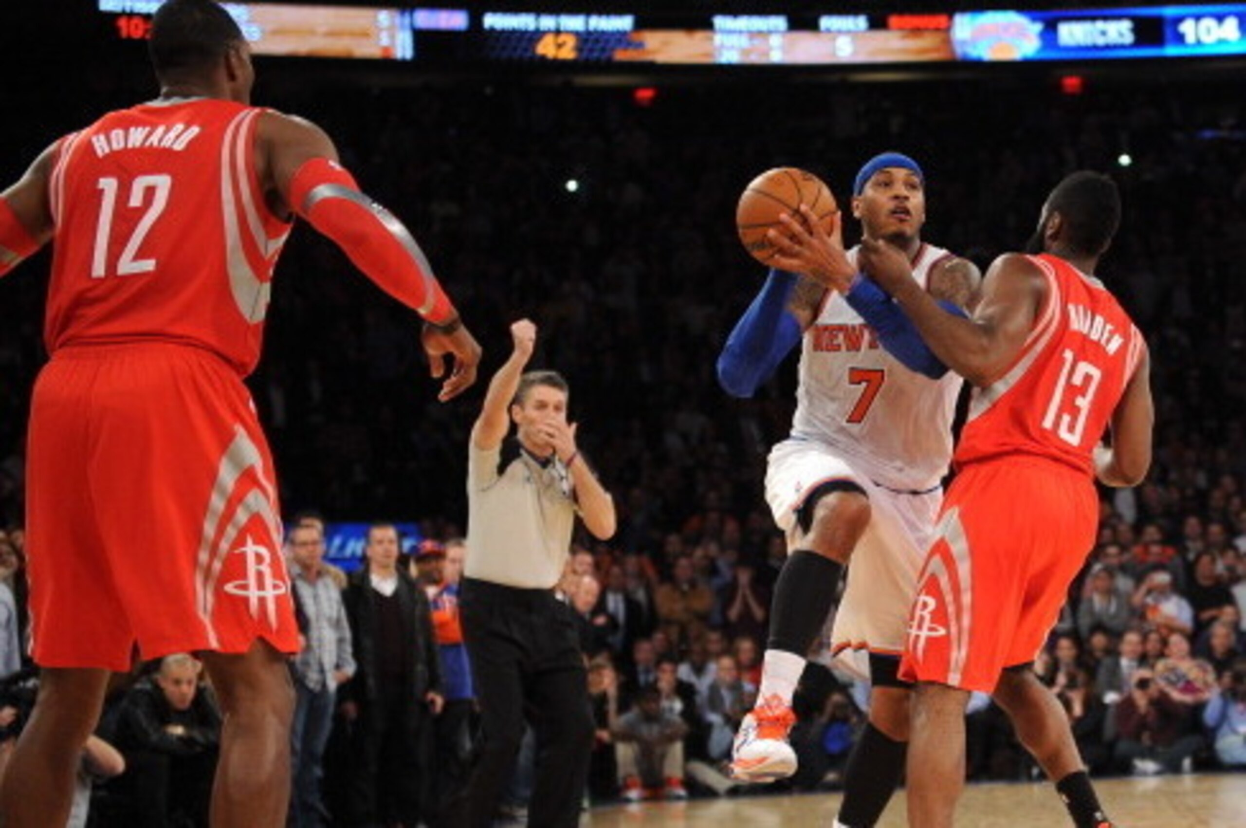 NEW YORK, NY - NOVEMBER 14: A personal foul is called on James Harden #13 of the Houston Rockets while Carmelo Anthony #7 of the New York Knicks takes a shot with five seconds left in the game at Madison Square Garden on November 14, 2013 in New York Ci NEW YORK, NY - NOVEMBER 14: A personal foul is called on James Harden #13 of the Houston Rockets while Carmelo Anthony #7 of the New York Knicks takes a shot with five seconds left in the game at Madison Square Garden on November 14, 2013 in New York Ci