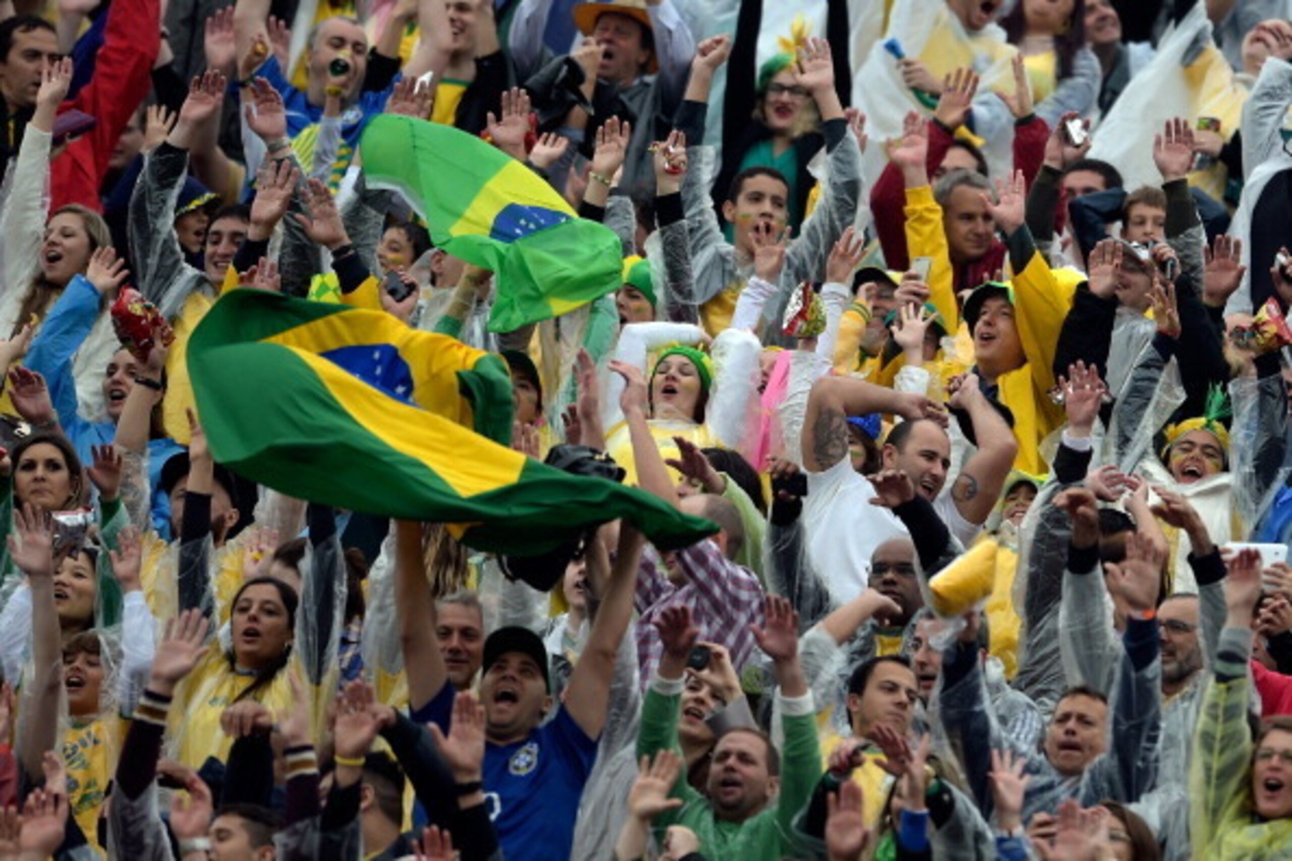 SAO PAULO, BRAZIL - JUNE 06:  Fans of Brazil celebrate during the International Friendly Match between Brazil and Serbia at Morumbi Stadium on June 06, 2014 in Sao Paulo, Brazil.  (Photo by Buda Mendes/Getty Images)