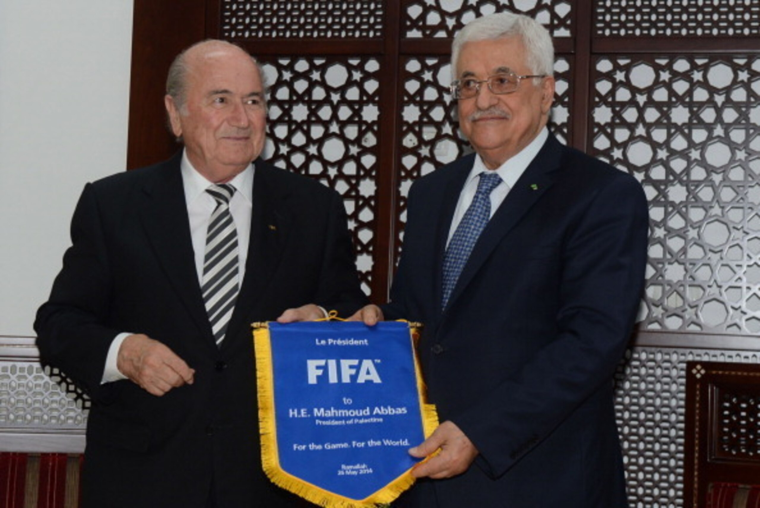 RAMALLAH, WEST BANK - MAY 26: In this handout image supplied by the Palestinian Press Ofiice (PPO), President Mahmoud Abbas attends a meeting with FIFA President, Joseph 'Sepp' Blatter, on May 26, 2014, in Ramallah, West Bank. (Photo by Thaer Ghanaim/PPO 