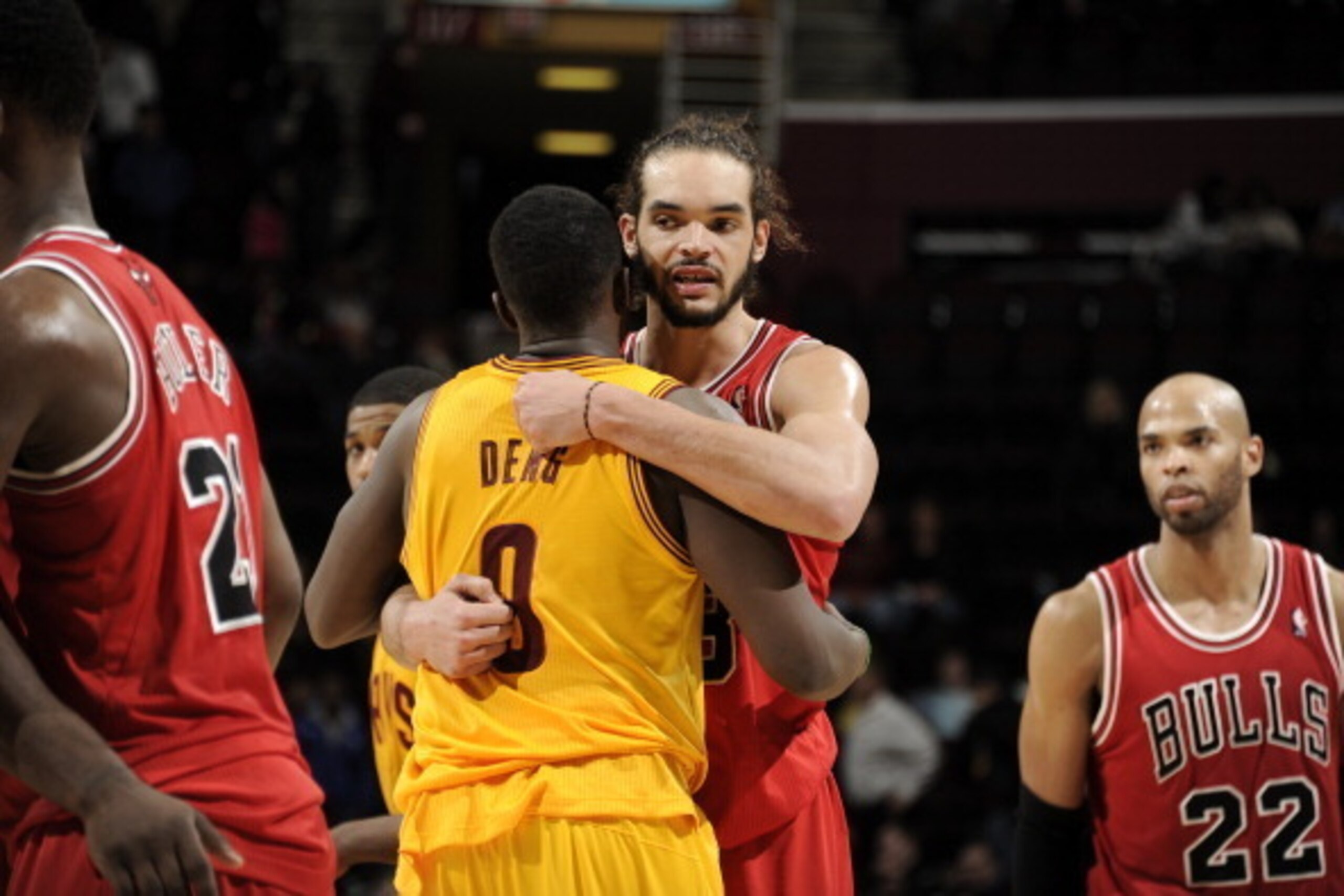 CLEVELAND, OH - JANUARY 22:  Joakim Noah #13 of the Chicago Bulls hugs Dion Waiters #3 of the Cleveland Cavaliers after the game at The Quicken Loans Arena on January 22, 2014 in Cleveland, Ohio. NOTE TO USER: User expressly acknowledges and agrees that, 