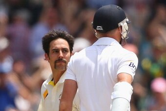ADELAIDE, AUSTRALIA - DECEMBER 07:  Mitchell Johnson of Australia celebrates after taking the wicket of James Anderson of England during day three of the Second Ashes Test match between Australia and England at Adelaide Oval on December 7, 2013 in Adelaid