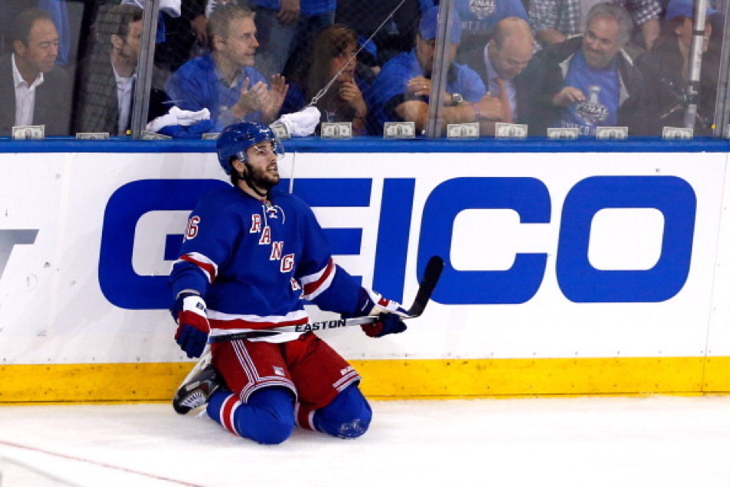 NEW YORK, NY - JUNE 09:  Derick Brassard #16 of the New York Rangers looks on against the Los Angeles Kings during Game Three of the 2014 NHL Stanley Cup Final at Madison Square Garden on June 9, 2014 in New York, New York.  (Photo by Paul Bereswill/Getty