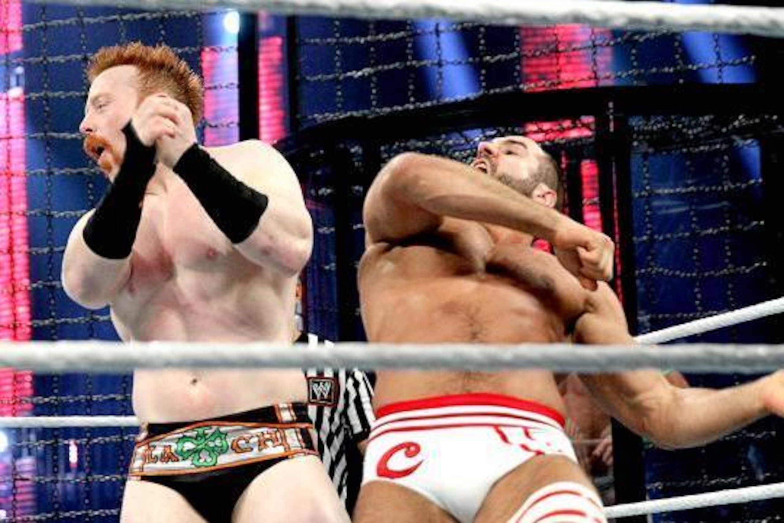Cesaro cracks Sheamus in the face at Elimination Chamber 2014.
