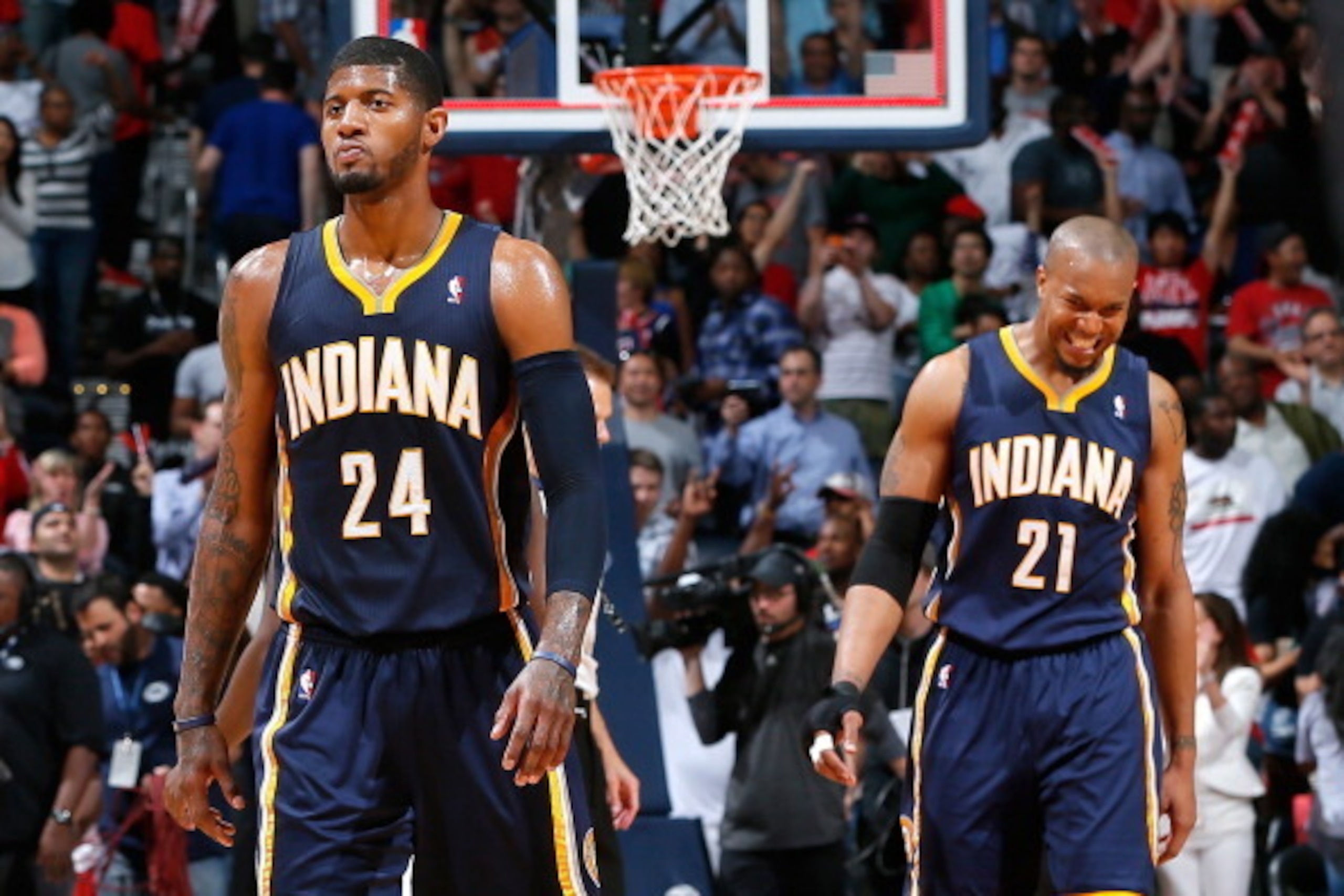 ATLANTA, GA - APRIL 24: Paul George #24 and David West #21 of the Indiana Pacers react after their 98-85 loss to the Atlanta Hawks in Game 3 of the Eastern Conference Quarterfinals during the 2014 NBA Playoffs at Philips Arena on April 24, 2014 in Atlan ATLANTA, GA - APRIL 24: Paul George #24 and David West #21 of the Indiana Pacers react after their 98-85 loss to the Atlanta Hawks in Game 3 of the Eastern Conference Quarterfinals during the 2014 NBA Playoffs at Philips Arena on April 24, 2014 in Atlan