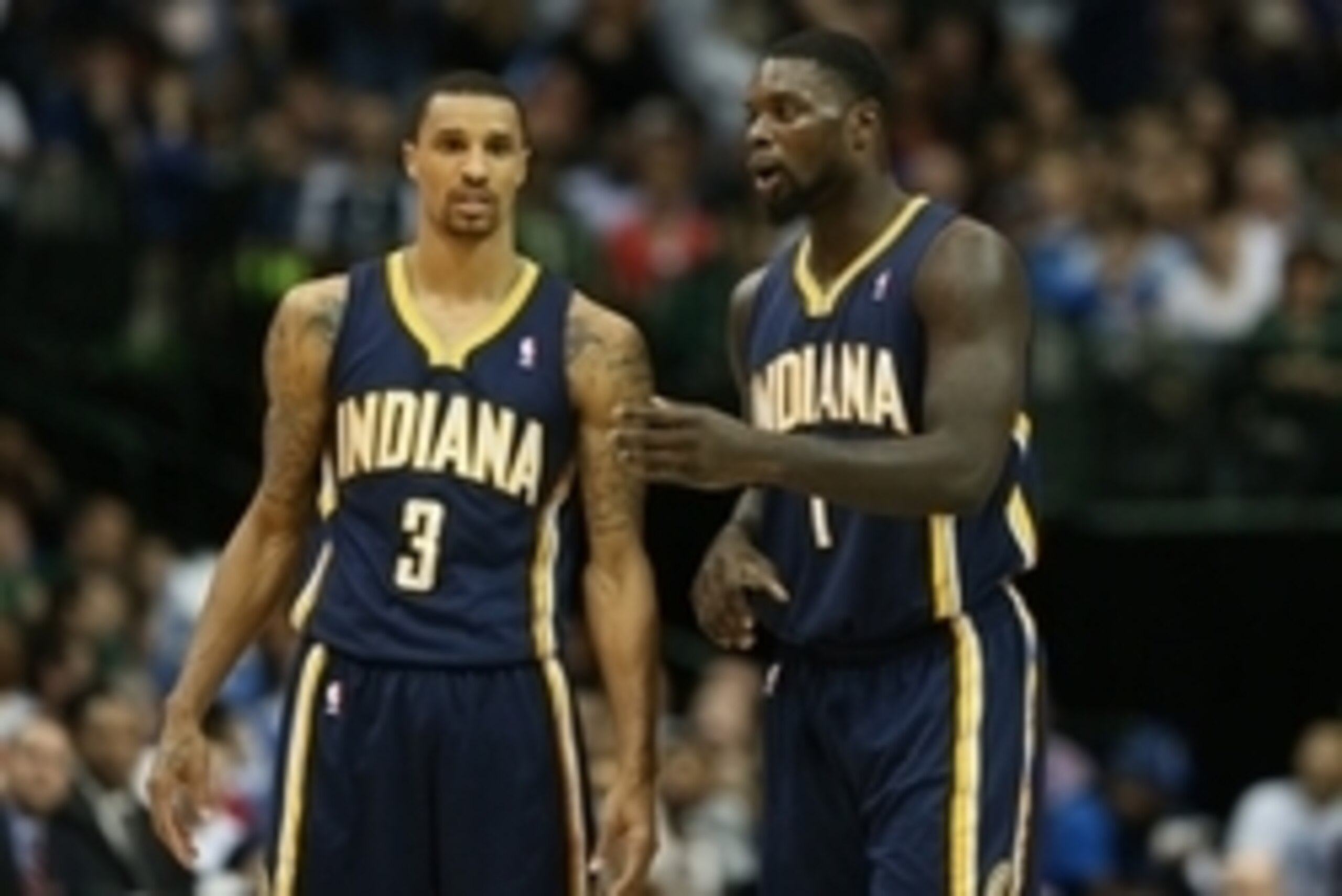 Mar 9, 2014; Dallas, TX, USA; Indiana Pacers guard Lance Stephenson (1) talks with guard George Hill (3) during a timeout in the second quarter against the Dallas Mavericks at American Airlines Center. Mandatory Credit: Matthew Emmons-USA TODAY Sports Mar 9, 2014; Dallas, TX, USA; Indiana Pacers guard Lance Stephenson (1) talks with guard George Hill (3) during a timeout in the second quarter against the Dallas Mavericks at American Airlines Center. Mandatory Credit: Matthew Emmons-USA TODAY Sports