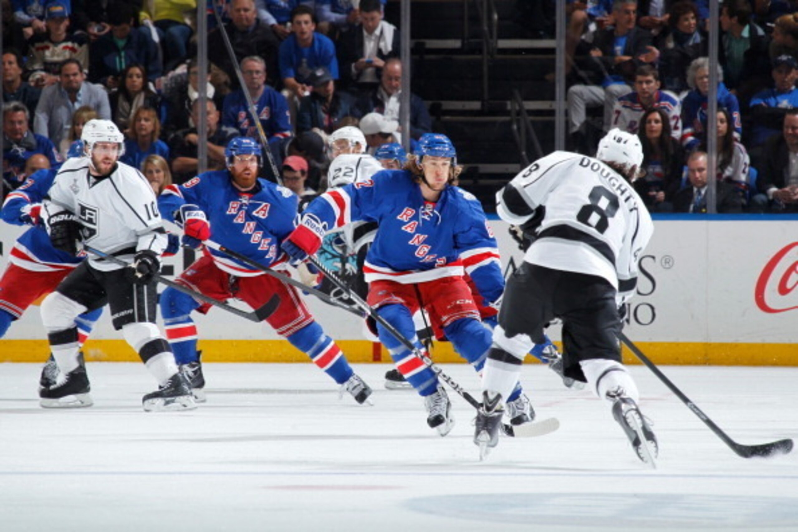 NEW YORK, NY - JUNE 09:  Carl Hagelin #62 of the New York Rangers attempts to block a shot taken by Drew Doughty #8 of the Los Angeles Kings during Game Three of the 2014 NHL Stanley Cup Final at Madison Square Garden on June 9, 2014 in New York City. (Ph