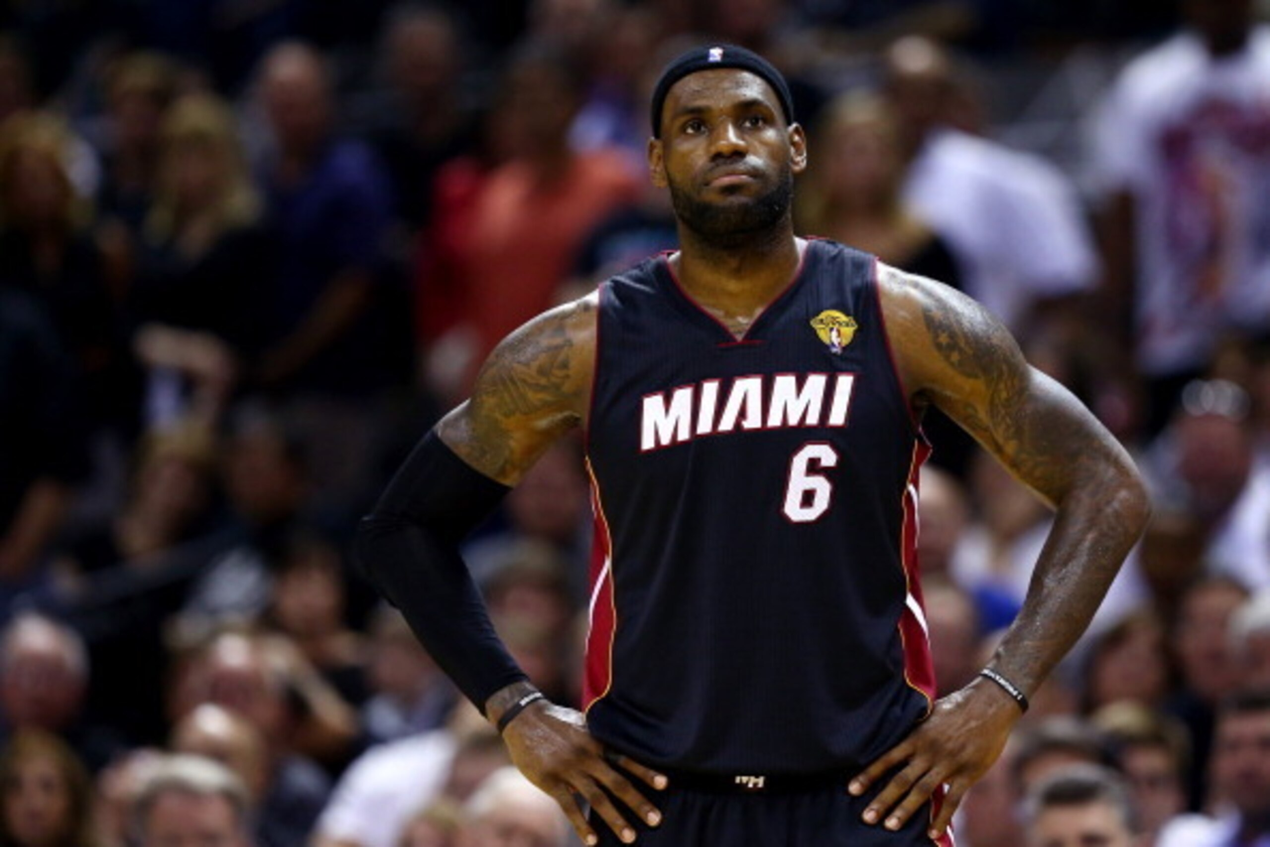 SAN ANTONIO, TX - JUNE 08: LeBron James #6 of the Miami Heat looks on against the San Antonio Spurs during Game Two of the 2014 NBA Finals at the AT&T Center on June 8, 2014 in San Antonio, Texas. NOTE TO USER: User expressly acknowledges and agrees that,
