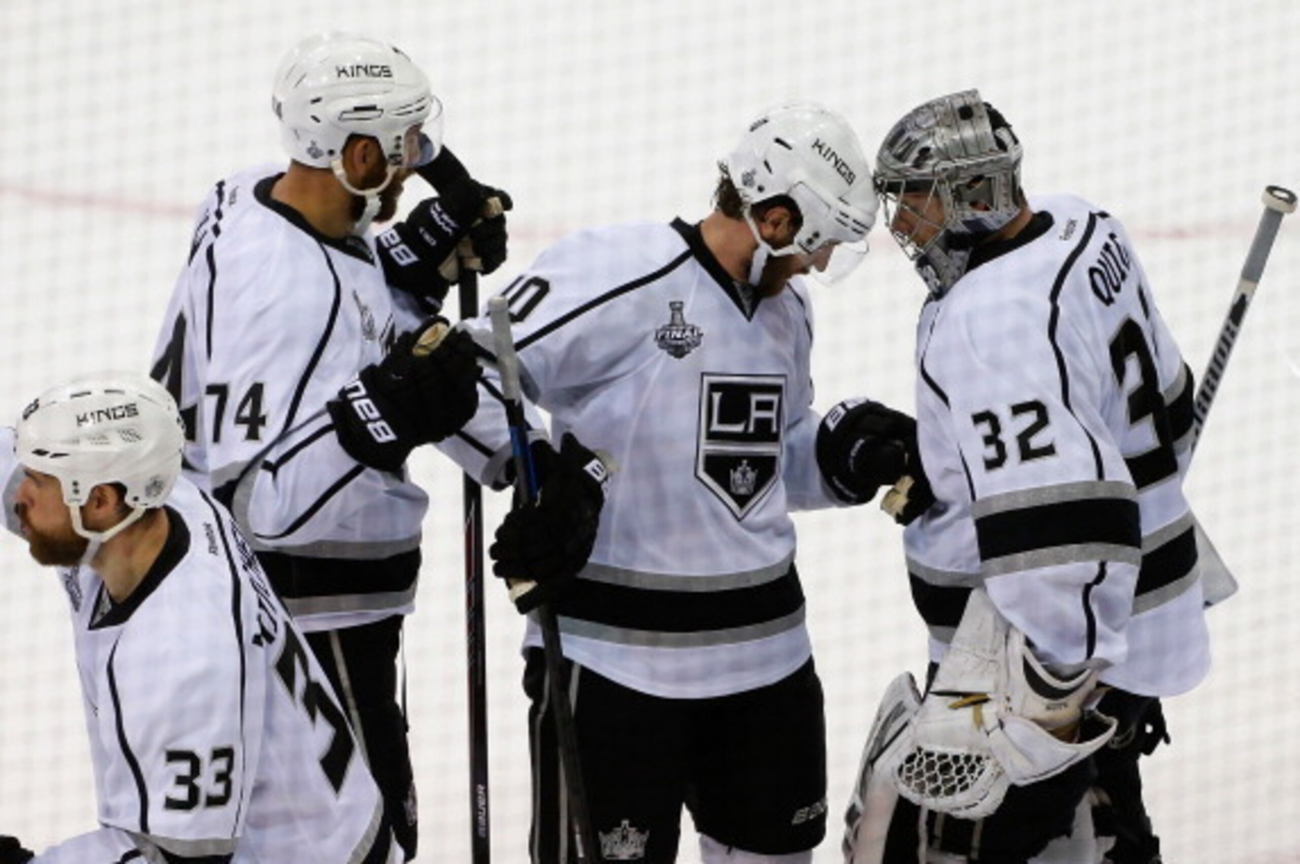 NEW YORK, NY - JUNE 09: Jonathan Quick #32, Mike Richards #10 and Dwight King #74 of the Los Angeles Kings celebrate their team's 3-0 victory over the New York Rangers in Game Three of the 2014 NHL Stanley Cup Final at Madison Square Garden on June 9, 20 NEW YORK, NY - JUNE 09: Jonathan Quick #32, Mike Richards #10 and Dwight King #74 of the Los Angeles Kings celebrate their team's 3-0 victory over the New York Rangers in Game Three of the 2014 NHL Stanley Cup Final at Madison Square Garden on June 9, 20