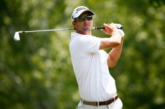 DUBLIN, OH - JUNE 01:  Adam Scott of Australia hits a tee shot on the fifth hole during the final round of the Memorial Tournament presented by Nationwide Insurance at Muirfield Village Golf Club on June 1, 2014 in Dublin, Ohio.  (Photo by Sam Greenwood/G