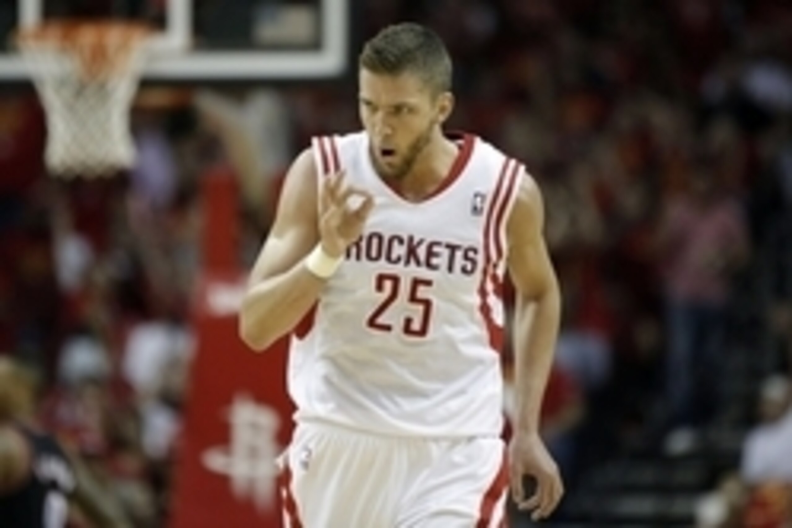 Apr 30, 2014; Houston, TX, USA; Houston Rockets forward Chandler Parsons (25) reacts to making a three-pointer during the third quarter against the Portland Trail Blazers in game five of the first round of the 2014 NBA Playoffs at Toyota Center. Mandatory