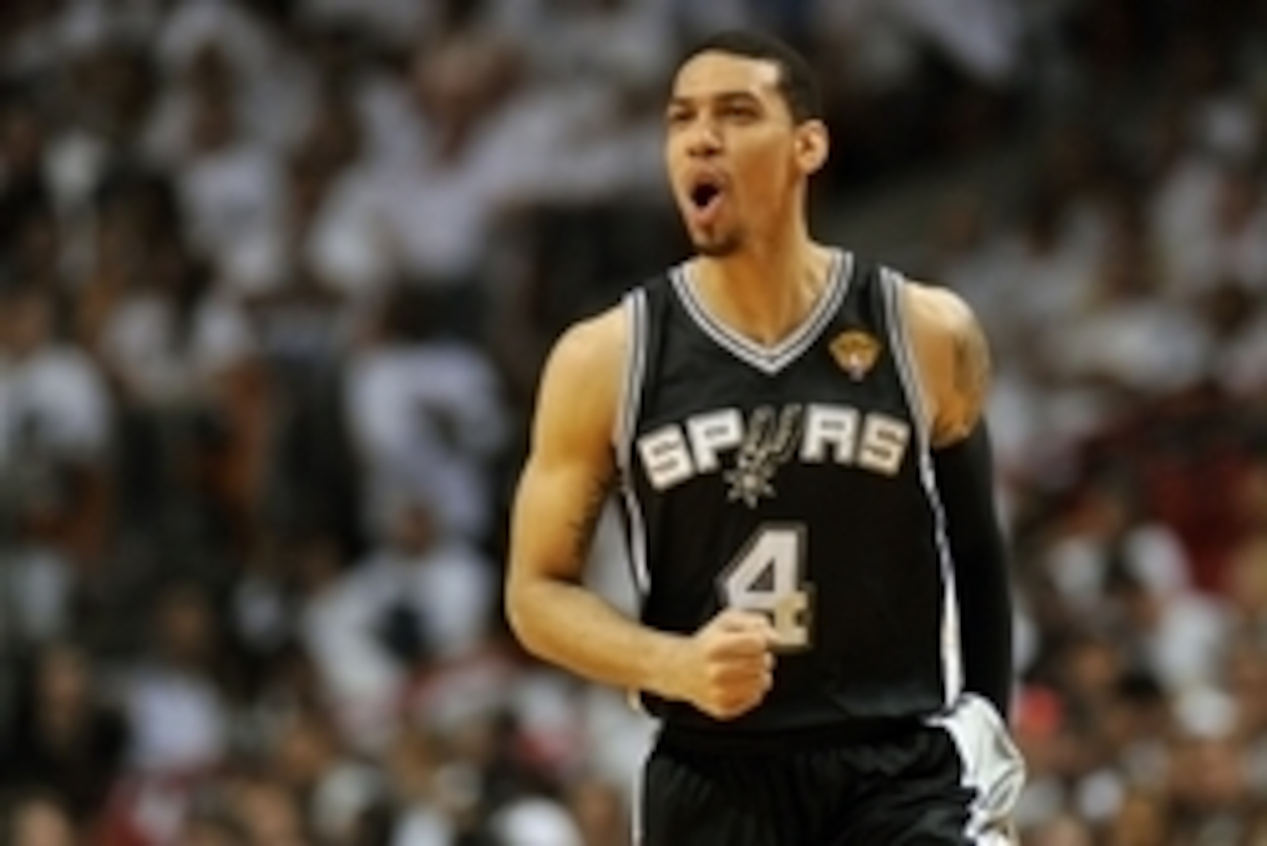 Jun 10, 2014; Miami, FL, USA; San Antonio Spurs guard Danny Green (4) reacts during the second quarter of game three of the 2014 NBA Finals against the Miami Heat at American Airlines Arena. Mandatory Credit: Steve Mitchell-USA TODAY Sports Jun 10, 2014; Miami, FL, USA; San Antonio Spurs guard Danny Green (4) reacts during the second quarter of game three of the 2014 NBA Finals against the Miami Heat at American Airlines Arena. Mandatory Credit: Steve Mitchell-USA TODAY Sports