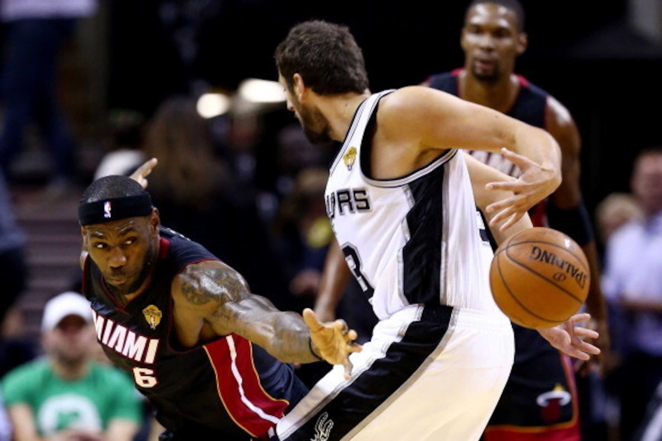 SAN ANTONIO, TX - JUNE 08: LeBron James #6 of the Miami Heat defends against Marco Belinelli #3 of the San Antonio Spurs during Game Two of the 2014 NBA Finals at the AT&T Center on June 8, 2014 in San Antonio, Texas. NOTE TO USER: User expressly acknowle
