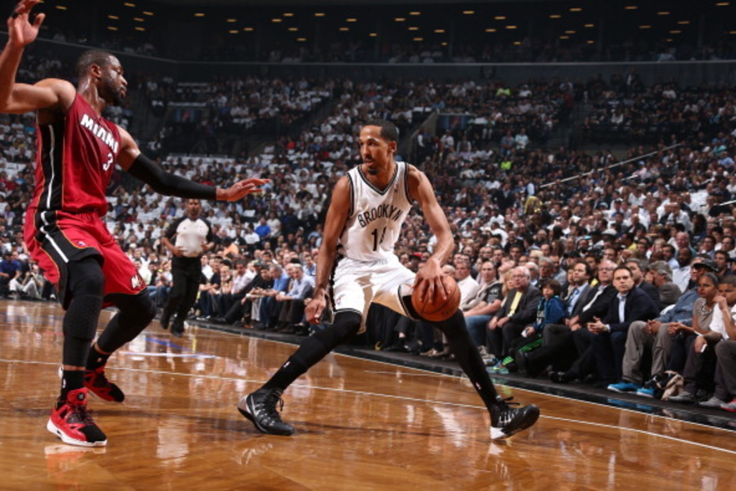 BROOKLYN, NY - MAY 12: Shaun Livingston #14 of the Brooklyn Nets drives against Dwyane Wade #3 of the Miami Heat in Game Four of the Eastern Conference Semifinals during the 2014 NBA Playoffs on May 12, 2014 at Barclays Center in Brooklyn. NOTE TO USER: U