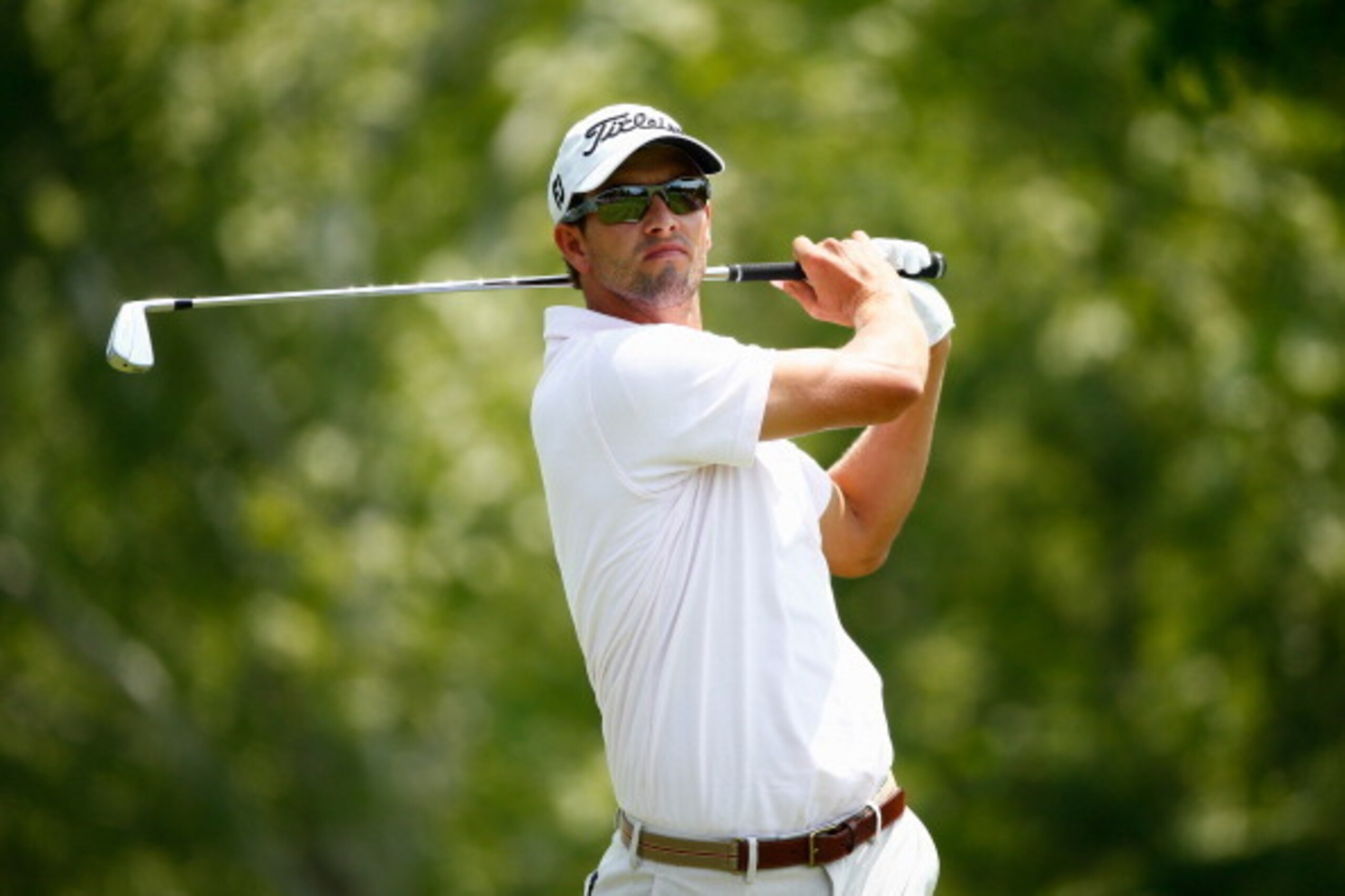 DUBLIN, OH - JUNE 01:  Adam Scott of Australia hits a tee shot on the fifth hole during the final round of the Memorial Tournament presented by Nationwide Insurance at Muirfield Village Golf Club on June 1, 2014 in Dublin, Ohio.  (Photo by Sam Greenwood/G