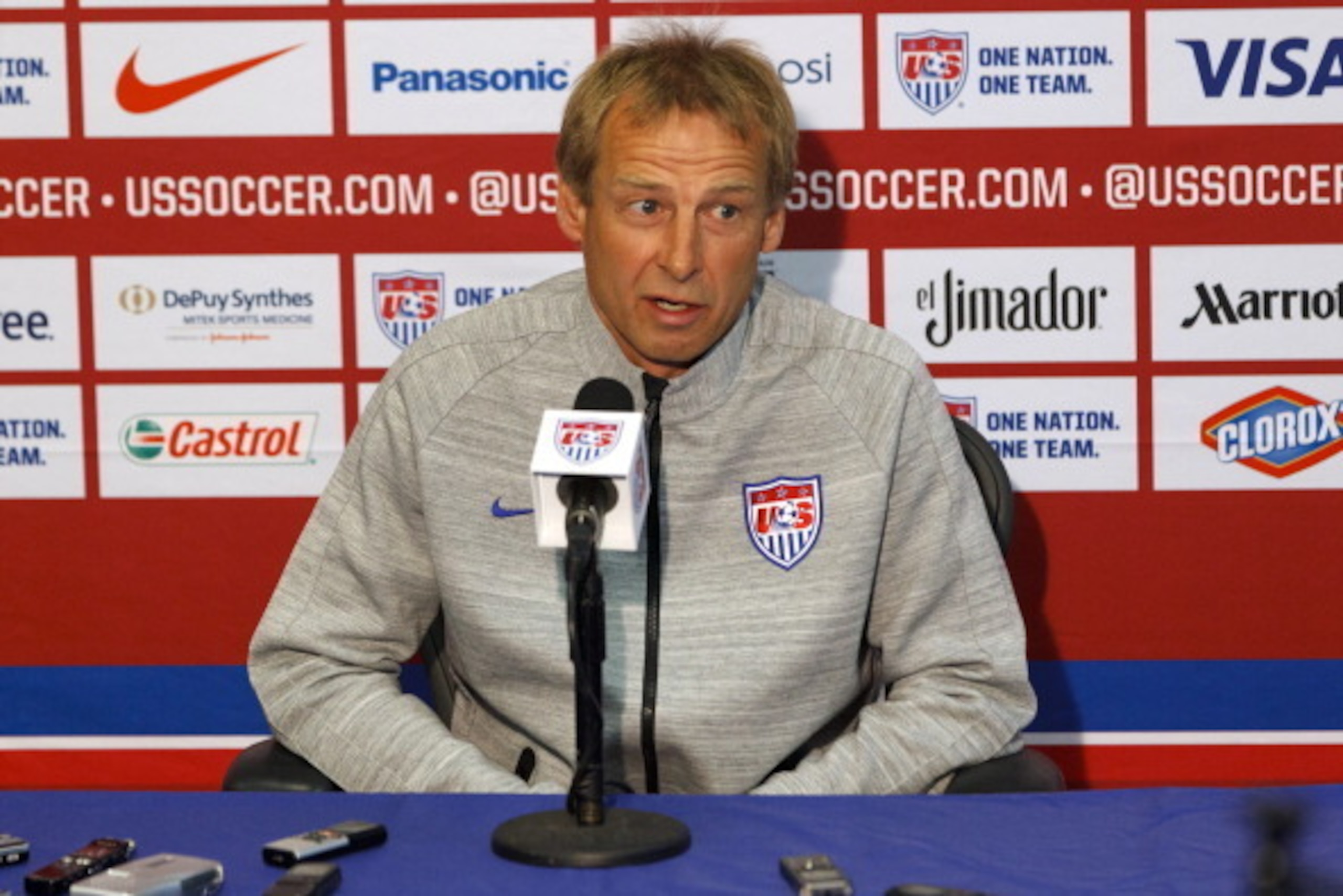 PALO ALTO, CA - MAY 23:  U.S. Men's National Soccer Team Head Coach Jurgen Klinsmann speaks during a press conference at Stanford University on May 23, 2014 in Palo Alto, California. Klinsmann held the press conference to answer questions about his World 