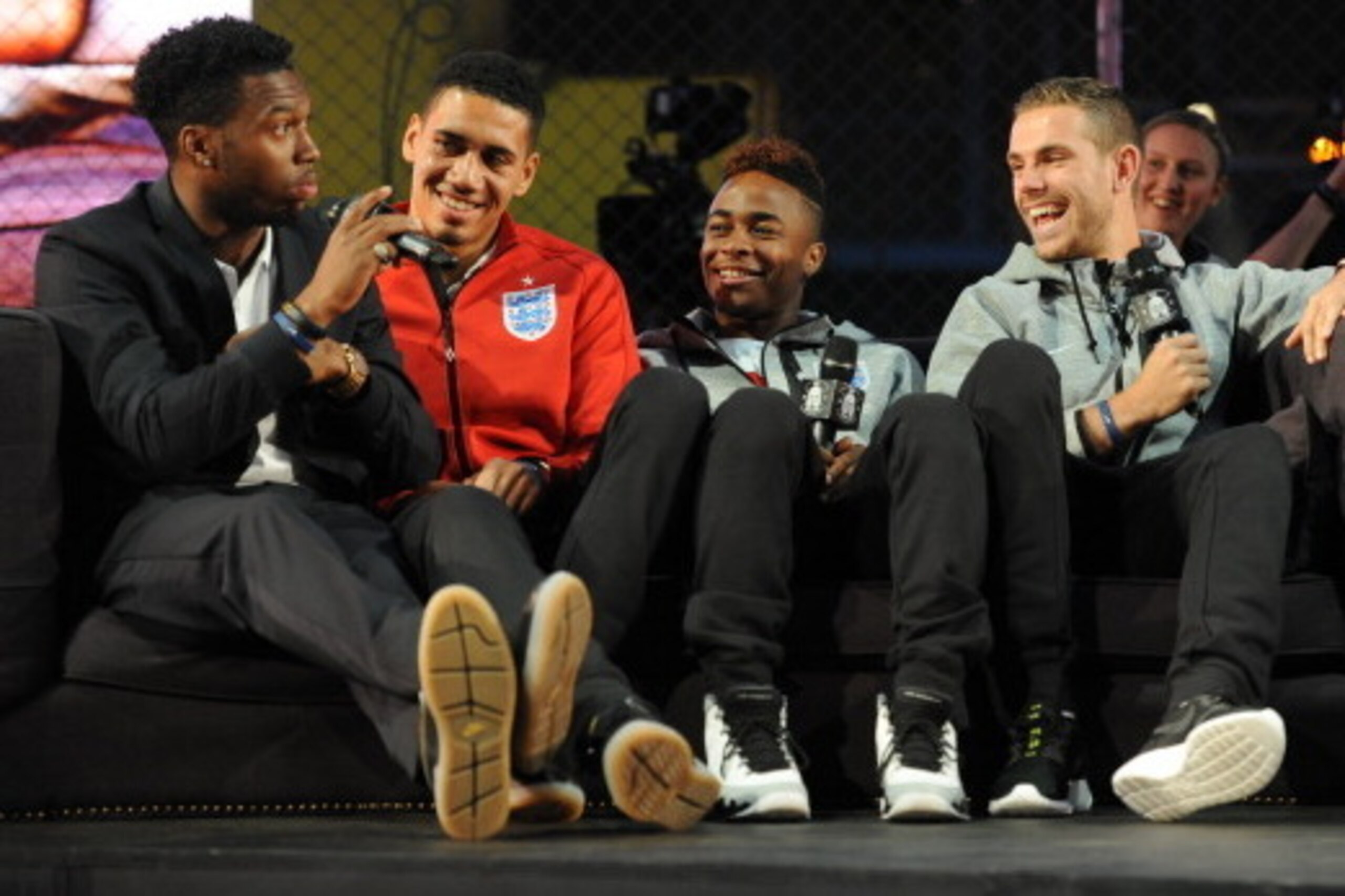LONDON, ENGLAND - MAY 26:  Daniel Sturridge, Chris Smalling,  Raheem Sterling and Jordan Henderson attend the opening of Nike Phenomemal House, at the Sorting Office on New Oxford Street on May 26, 2014 in London, England.  Daniel Sturridge, Chris Smallin