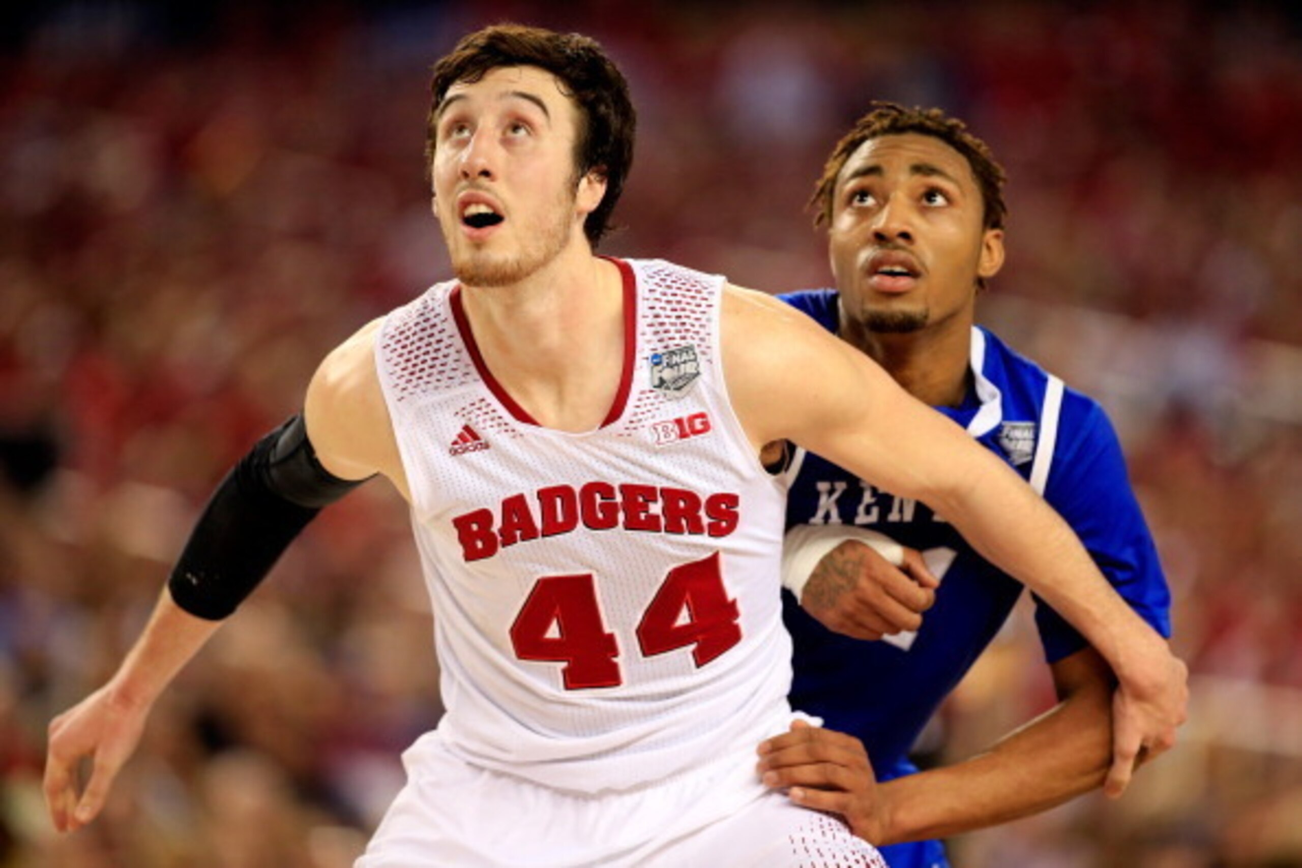 ARLINGTON, TX - APRIL 05: Frank Kaminsky #44 of the Wisconsin Badgers boxes out James Young #1 of the Kentucky Wildcats during the NCAA Men's Final Four Semifinal at AT&T Stadium on April 5, 2014 in Arlington, Texas.  (Photo by Jamie Squire/Getty Images)
