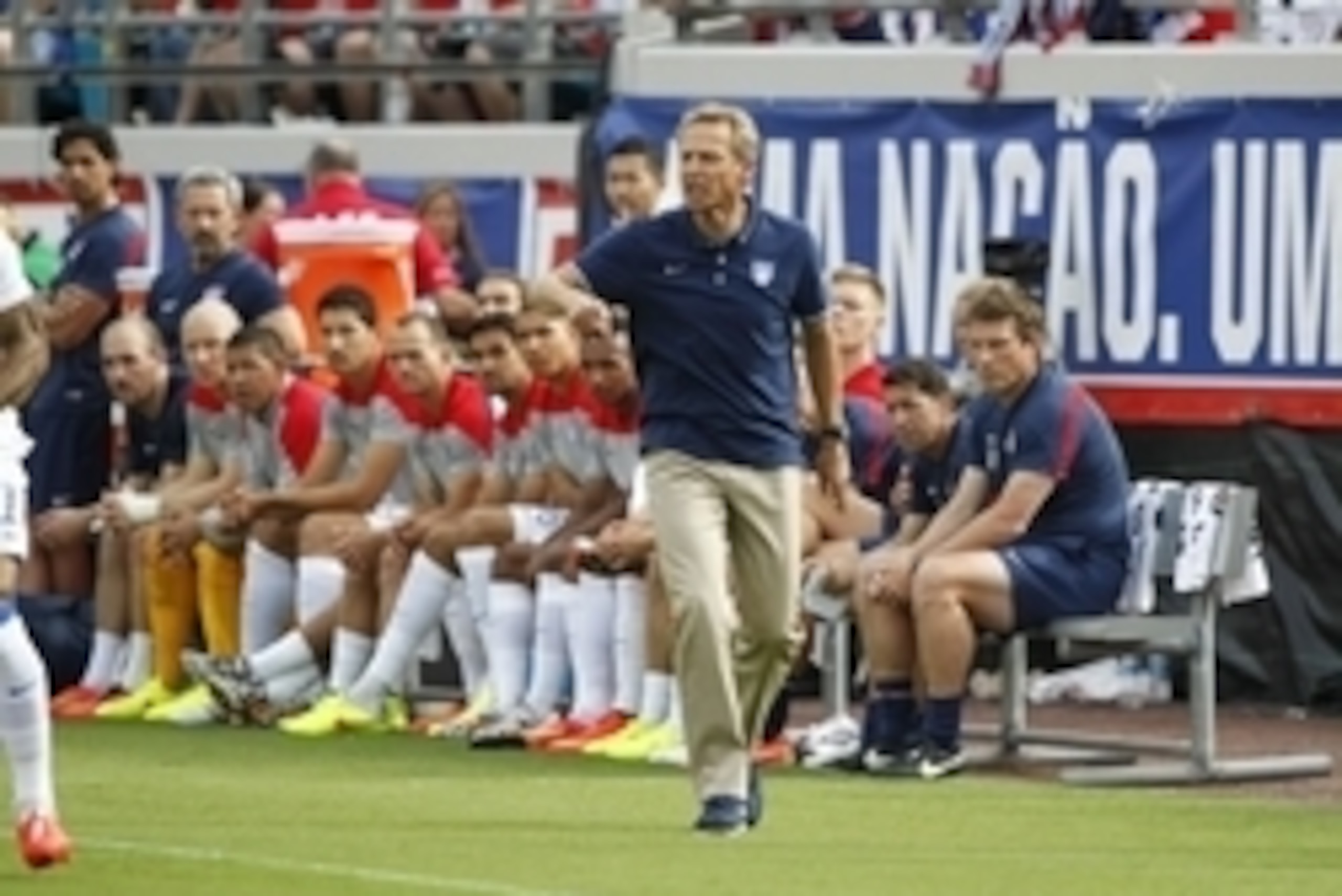 Jun 7, 2014; Jacksonville, FL, USA; United States head coach Jurgen Klinsmann (hc) reacts against the Nigeria during the first half at EverBank Field. Mandatory Credit: Kim Klement-USA TODAY Sports