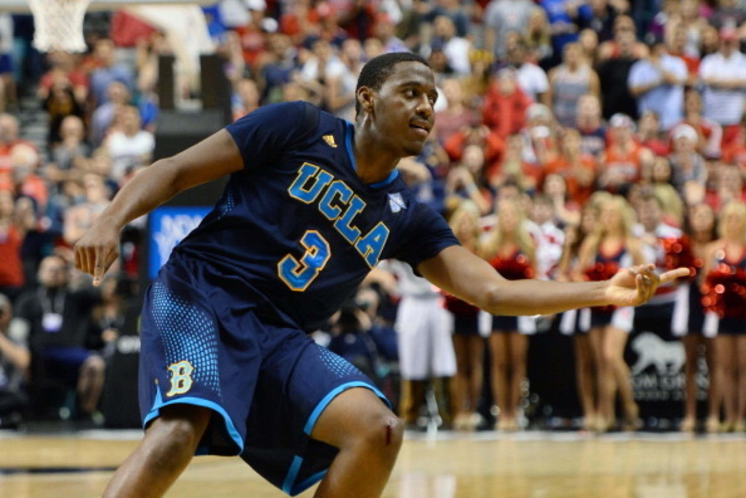 LAS VEGAS, NV - MARCH 15:  Jordan Adams #3 of the UCLA Bruins reacts after hitting a 3-pointer to put the Bruins up late in the championship game of the Pac-12 Basketball Tournament against the Arizona Wildcats at the MGM Grand Garden Arena on March 15, 2