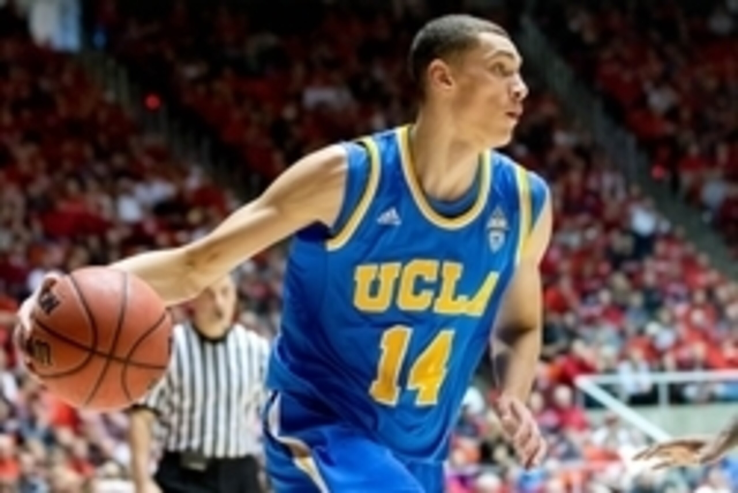 Jan 18, 2014; Salt Lake City, UT, USA; UCLA Bruins guard Zach LaVine (14) controls the ball during the first half against the Utah Utes at Jon M. Huntsman Center. Mandatory Credit: Russ Isabella-USA TODAY Sports