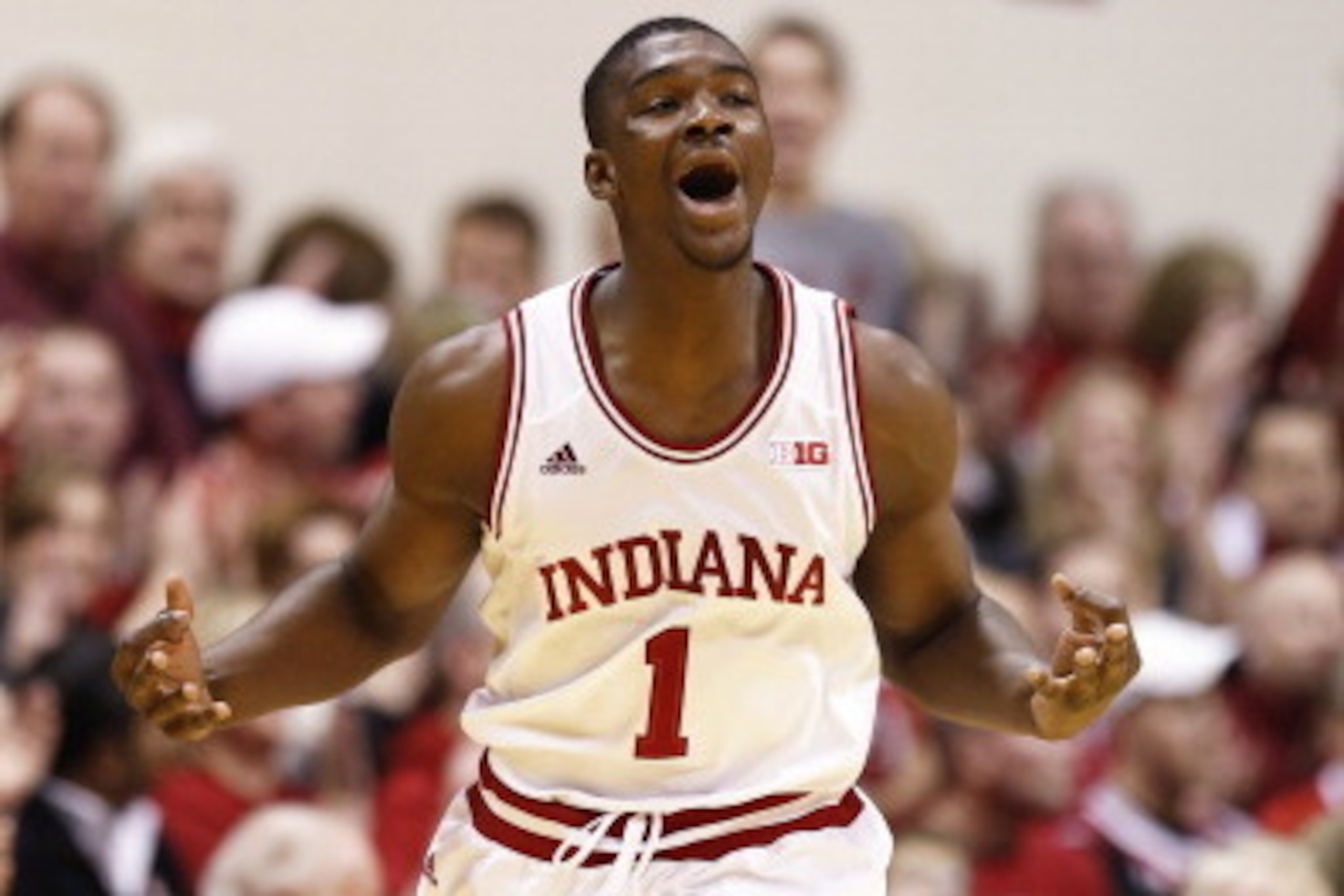 BLOOMINGTON, IN - JANUARY 14:  Noah Vonleh #1 of the Indiana Hoosiers celebrates after making a three-point shot against the Wisconsin Badgers during the game at Assembly Hall on January 14, 2014 in Bloomington, Indiana. Indiana won the game 75-72. (Photo