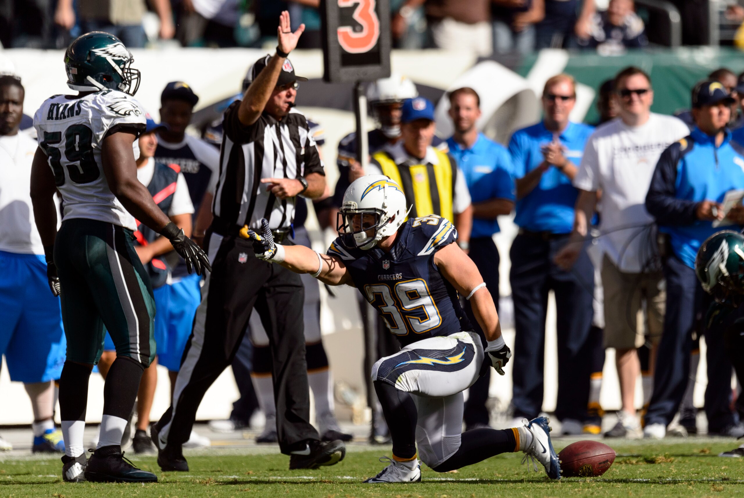 Sep 15, 2013; Philadelphia, PA, USA; at Lincoln Financial Field. The Chargers San Diego Chargers running back Danny Woodhead (39) celebrates making a first down during the fourth quarter against the Philadelphia Eagles defeated the Eagles 33-30. Mandatory
