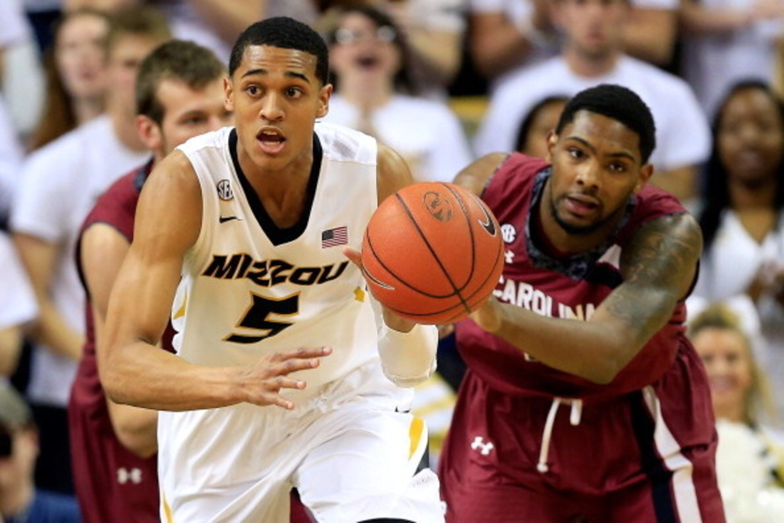 COLUMBIA, MO - JANUARY 25: Jordan Clarkson #5 of the Missouri Tigers controls the ball during the game against the South Carolina Gamecocks at Mizzou Arena on January 25, 2014 in Columbia, Missouri. (Photo by Jamie Squire/Getty Images) COLUMBIA, MO - JANUARY 25: Jordan Clarkson #5 of the Missouri Tigers controls the ball during the game against the South Carolina Gamecocks at Mizzou Arena on January 25, 2014 in Columbia, Missouri. (Photo by Jamie Squire/Getty Images)