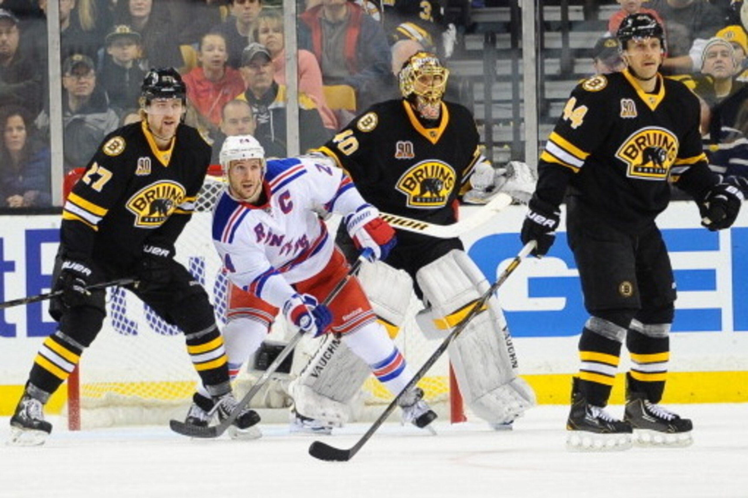 BOSTON, MA - NOVEMBER 29: Ryan Callahan #24 of the New York Rangers watches the play against Dougie Hamilton #27, Tuukka Rask #40 and Dennis Seidenberg #44 of the Boston Bruins at the TD Garden on November 29, 2013 in Boston, Massachusetts. (Photo by Bria