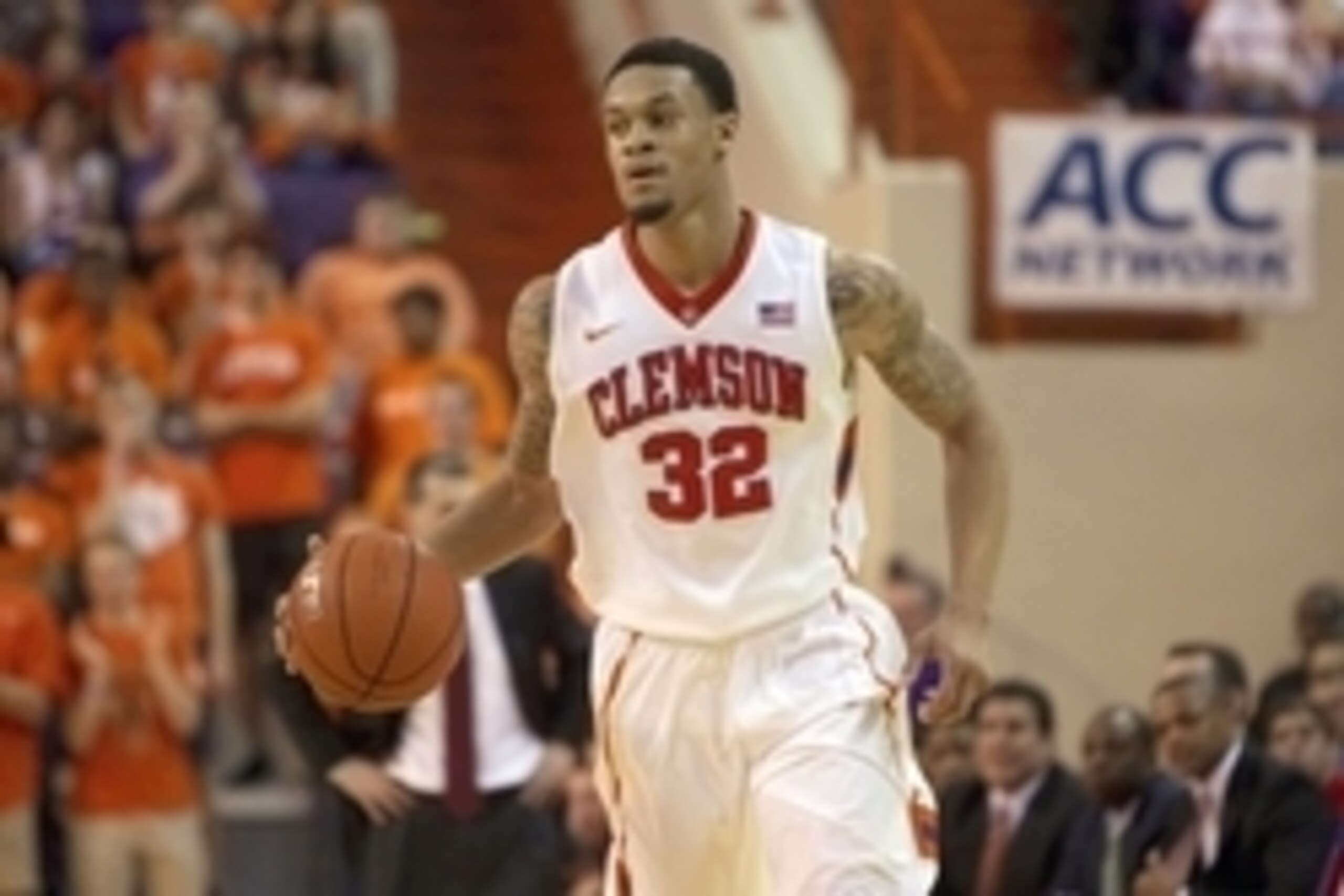 Mar 2, 2014; Clemson, SC, USA; Clemson Tigers forward K.J. McDaniels (32) during the second half against the Maryland Terrapins at J.C. Littlejohn Coliseum. Tigers won 77-73. Mandatory Credit: Joshua S. Kelly-USA TODAY Sports Mar 2, 2014; Clemson, SC, USA; Clemson Tigers forward K.J. McDaniels (32) during the second half against the Maryland Terrapins at J.C. Littlejohn Coliseum. Tigers won 77-73. Mandatory Credit: Joshua S. Kelly-USA TODAY Sports