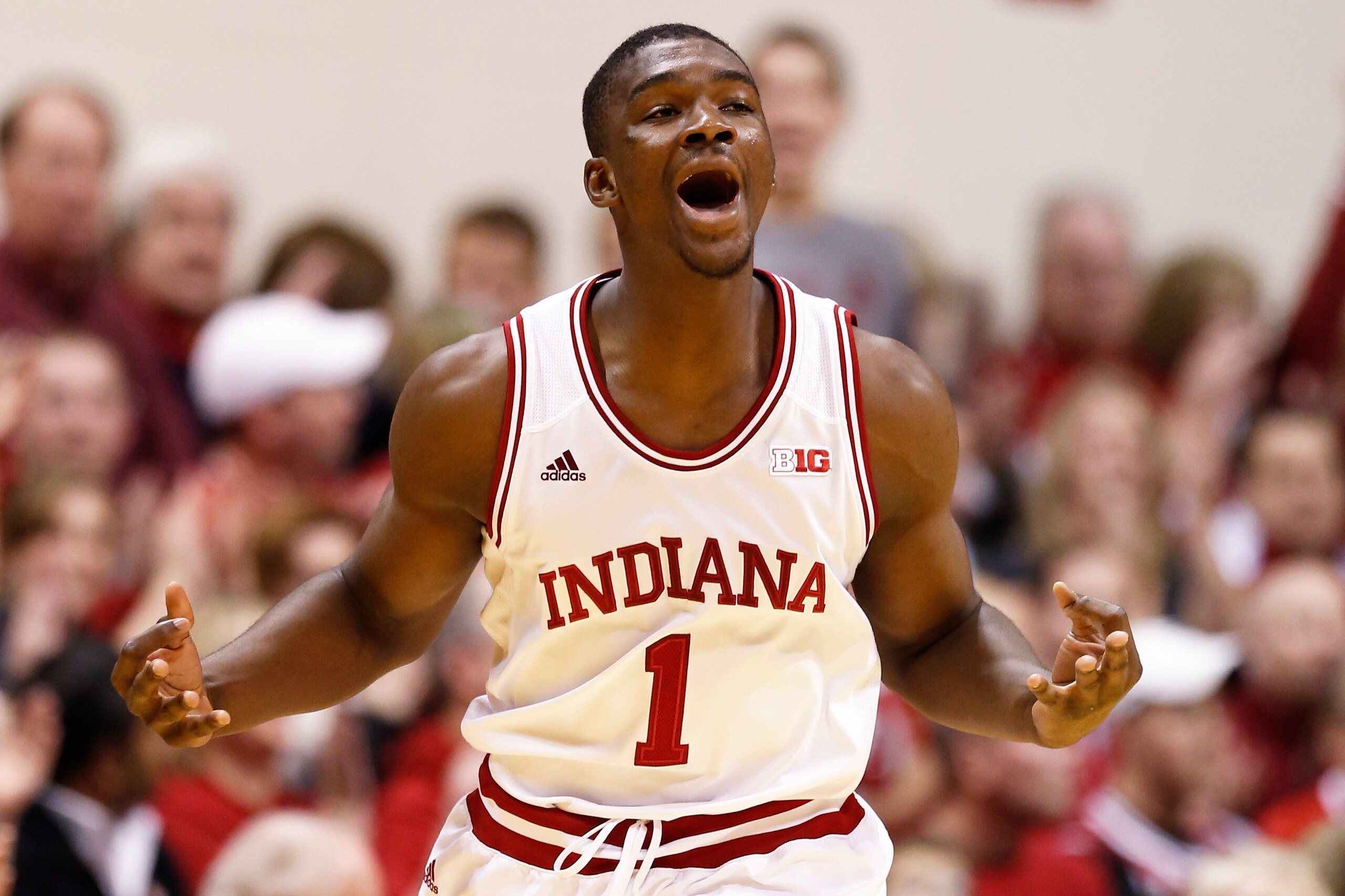 BLOOMINGTON, IN - JANUARY 14:  Noah Vonleh #1 of the Indiana Hoosiers celebrates after making a three-point shot against the Wisconsin Badgers during the game at Assembly Hall on January 14, 2014 in Bloomington, Indiana. Indiana won the game 75-72. (Photo