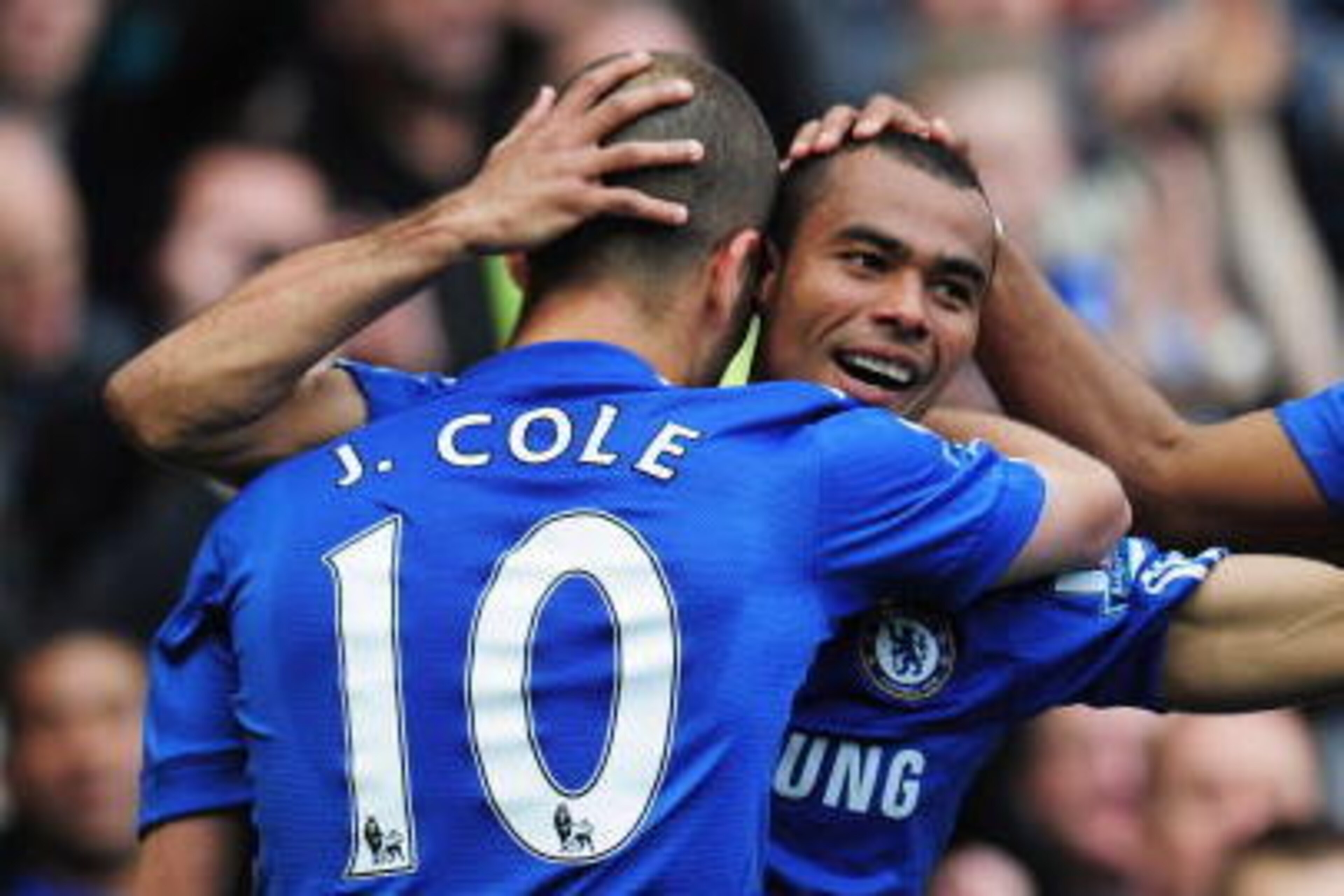 LONDON, ENGLAND - MAY 09:  Ashley Cole of Chelsea celebrates with Nicolas Anelka and Joe Cole as he scores their eighth goal during the Barclays Premier League match between Chelsea and Wigan Athletic at Stamford Bridge on May 9, 2010 in London, England. 