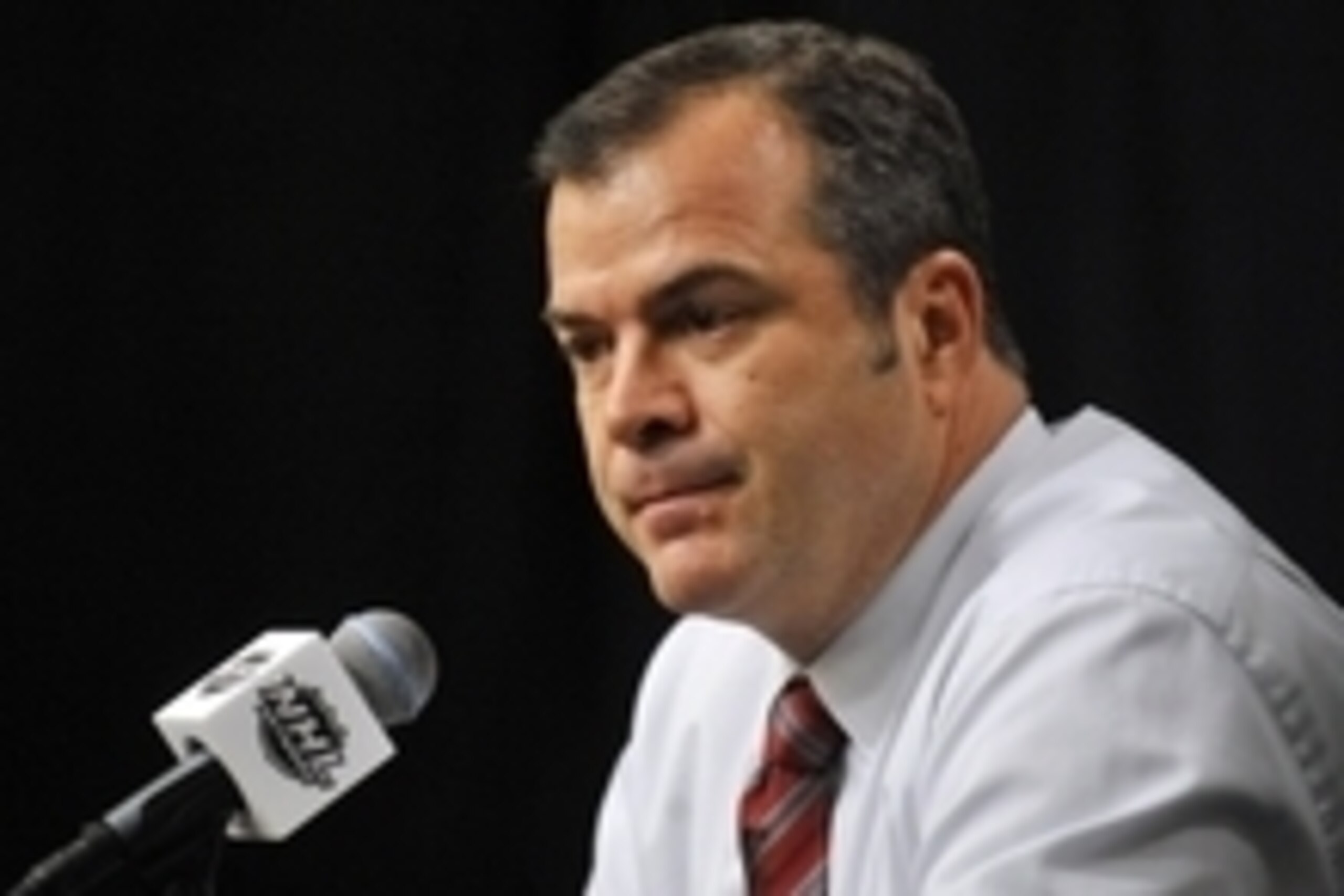 Jun 7, 2014; Los Angeles, CA, USA; New York Rangers head coach Alain Vigneault at a press conference after game two of the 2014 Stanley Cup Final against the Los Angeles Kings at Staples Center. Mandatory Credit: Gary A. Vasquez-USA TODAY Sports