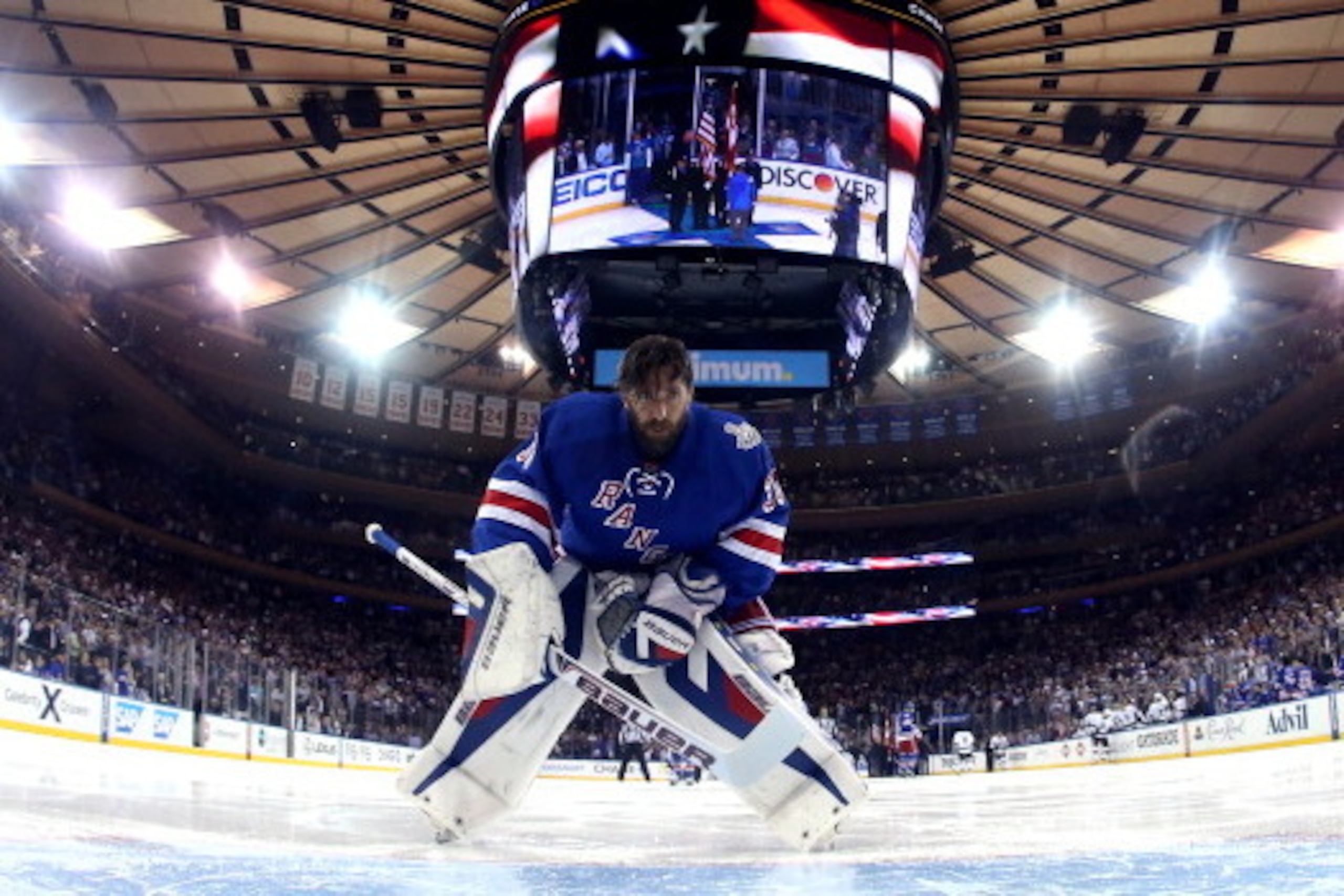 NEW YORK, NY - JUNE 11:  Henrik Lundqvist #30 of the New York Rangers skates at the start of Game Four of the 2014 NHL Stanley Cup Final at Madison Square Garden on June 11, 2014 in New York, New York.  (Photo by Bruce Bennett/Getty Images)