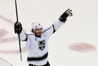 NEW YORK, NY - JUNE 11:  Drew Doughty #8 of the Los Angeles Kings celebrates the second period goal by Dustin Brown #23 of the Los Angeles Kings during Game Four of the 2014 NHL Stanley Cup Final against the New York Rangers at Madison Square Garden on Ju