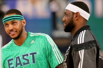 NEW ORLEANS, LA - FEBRUARY 16:  The Eastern Conference's Carmelo Anthony #7 of the New York Knicks and LeBron James #6 of the Miami Heat warm up before the game against the Western Conference during 2014 NBA All-Star game at the Smoothie King Center on Fe