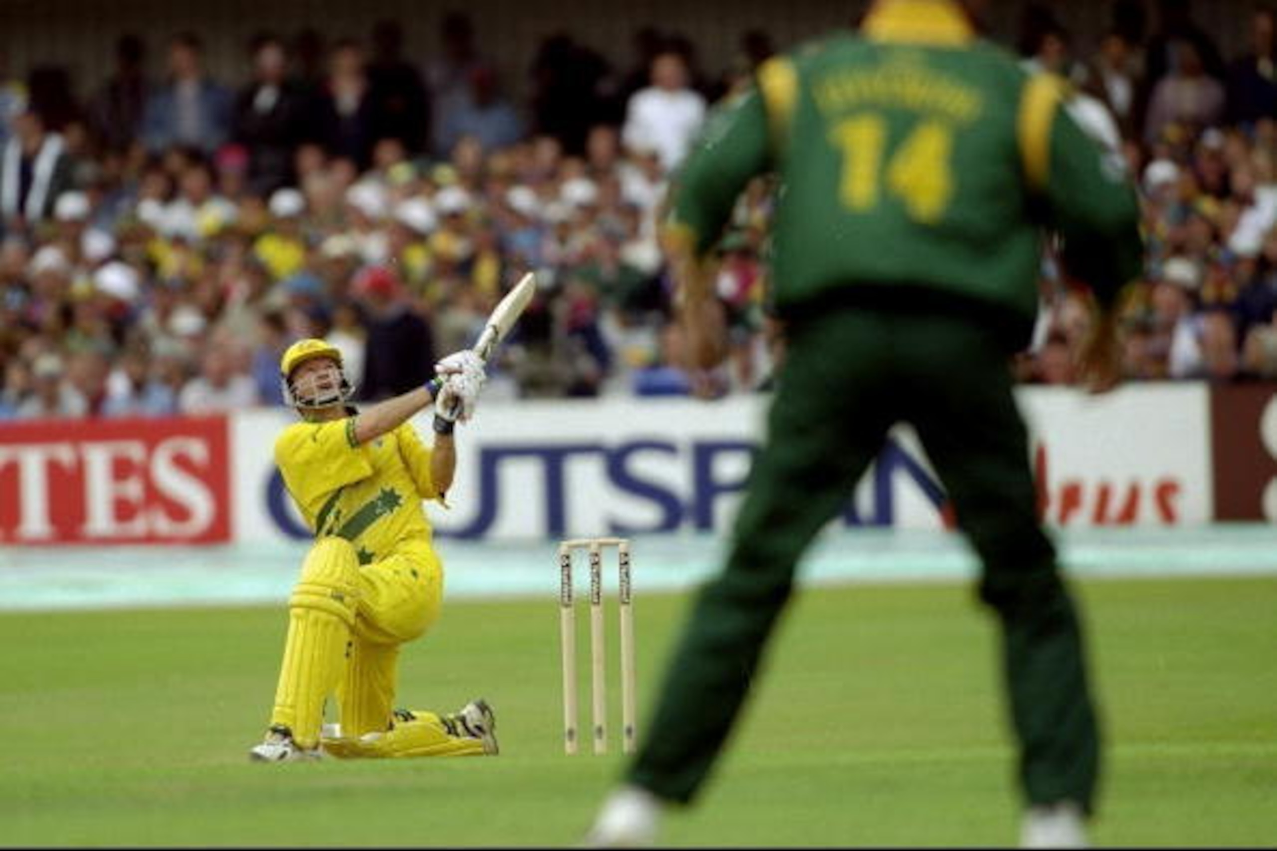 13 Jun 1999:  Steve Waugh of Australia during his matchwinning unbeaten 120 against South Africa in the World Cup Super Six match at Headingley in Leeds , England. Australia won by 5 wickets to join South Africa in the semi-finals. \ Mandatory Credit: Adr