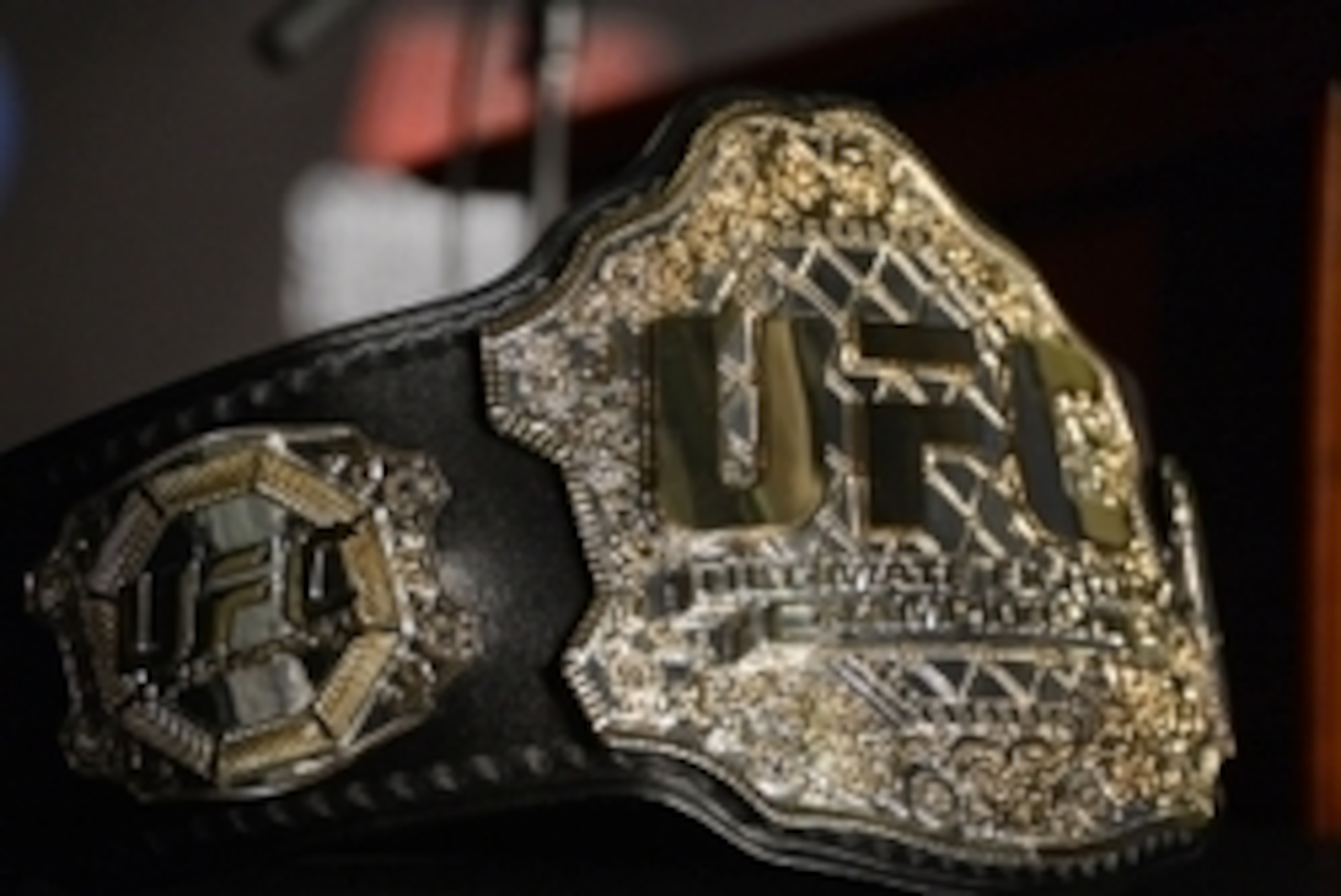 Feb 23, 2013; Anaheim, CA, USA;   Detailed view of the UFC championship belt of Ronda Rousey at the post fight press conference at the Honda Center. Mandatory Credit: Jayne Kamin-Oncea-USA TODAY Sports