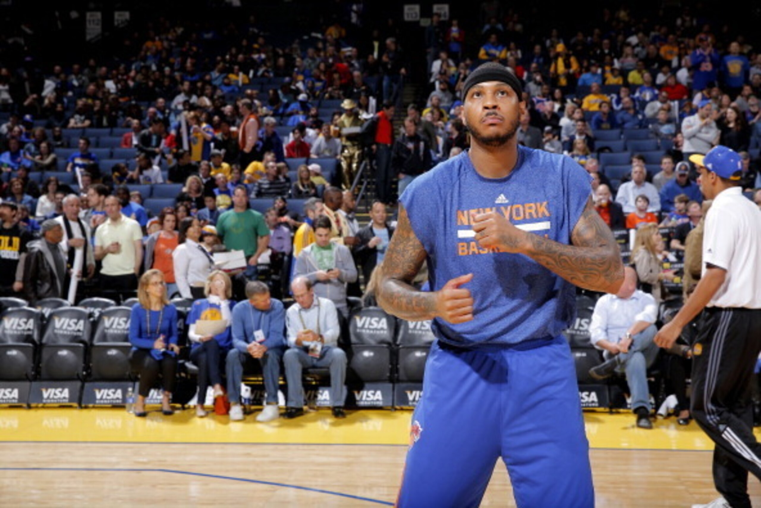OAKLAND, CA - MARCH 30: Carmelo Anthony #7 of the New York Knicks warms up prior to the game against the Golden State Warriors on March 30, 2014 at Oracle Arena in Oakland, California. NOTE TO USER: User expressly acknowledges and agrees that, by download