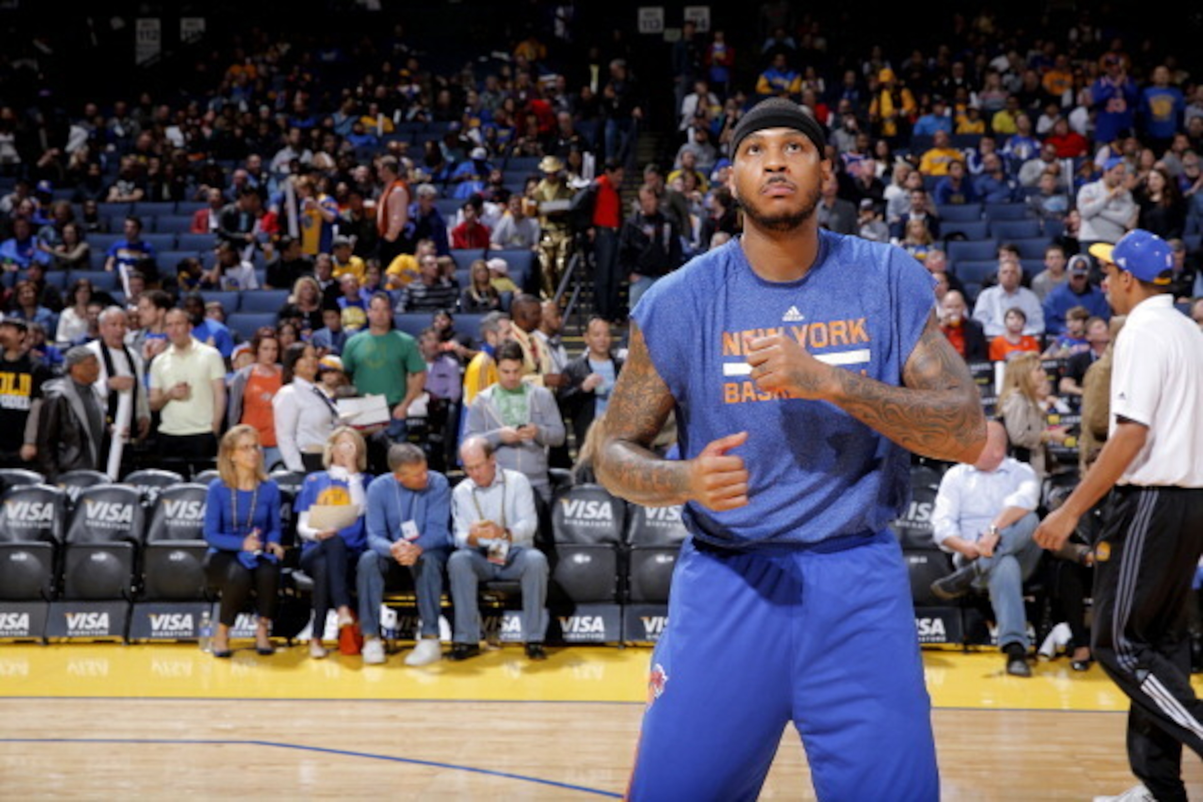OAKLAND, CA - MARCH 30: Carmelo Anthony #7 of the New York Knicks warms up prior to the game against the Golden State Warriors on March 30, 2014 at Oracle Arena in Oakland, California. NOTE TO USER: User expressly acknowledges and agrees that, by download