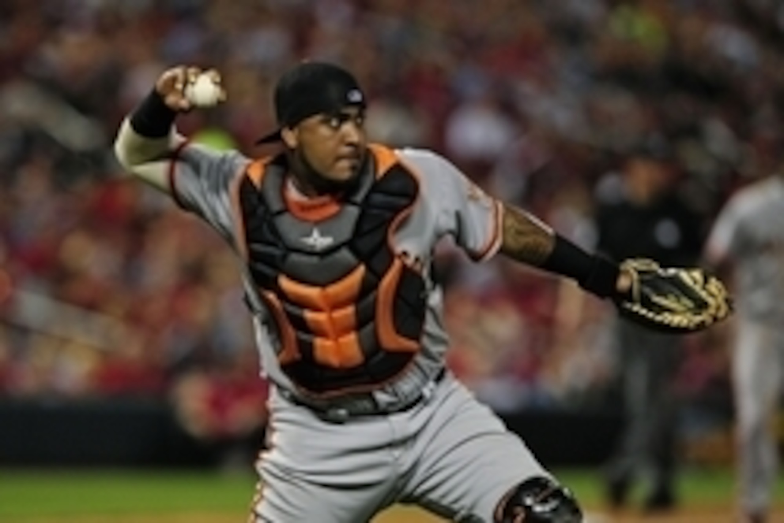 May 29, 2014; St. Louis, MO, USA; San Francisco Giants catcher Hector Sanchez (29) throws out St. Louis Cardinals pinch hitter Mark Ellis (not pictured) during the seventh inning at Busch Stadium. San Francisco defeated St. Louis 6-5. Mandatory Credit: Je