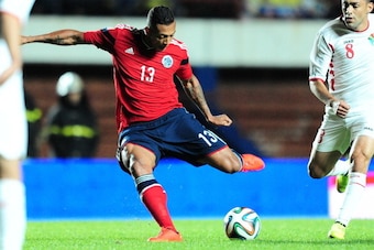 BUENOS AIRES, ARGENTINA - JUNE 06: Fredy Guarin of Colombia hits the ball during the International Friendly Match between Colombia and Jordan at Pedro Bidegain Stadium on June 06, 2014 in Buenos Aires, Argentina. (Photo by Alfredo Herms/Getty Images)