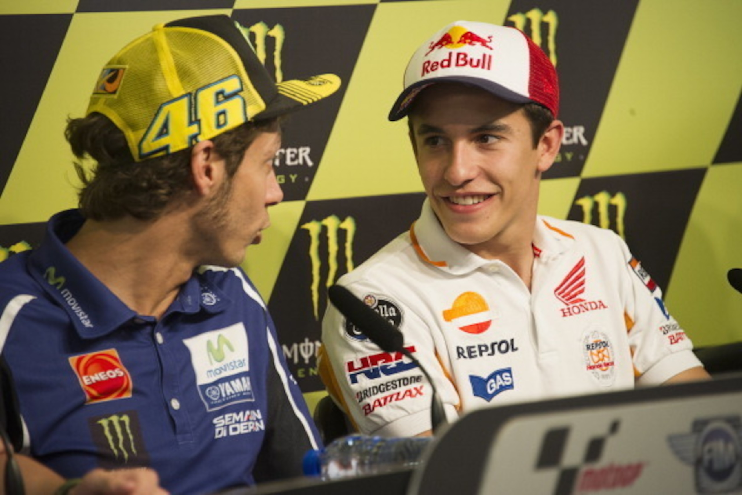 MONTMELO, SPAIN - JUNE 12: Valentino Rossi of Italy and Movistar Yamaha MotoGP (L) speaks with Marc Marquez of Spain and Repsol Honda Team
during the press conference during the MotoGp of Catalunya- Previews at Circuit de Catalunya on June 12, 2014 in MONTMELO, SPAIN - JUNE 12: Valentino Rossi of Italy and Movistar Yamaha MotoGP (L) speaks with Marc Marquez of Spain and Repsol Honda Team
during the press conference during the MotoGp of Catalunya- Previews at Circuit de Catalunya on June 12, 2014 in
