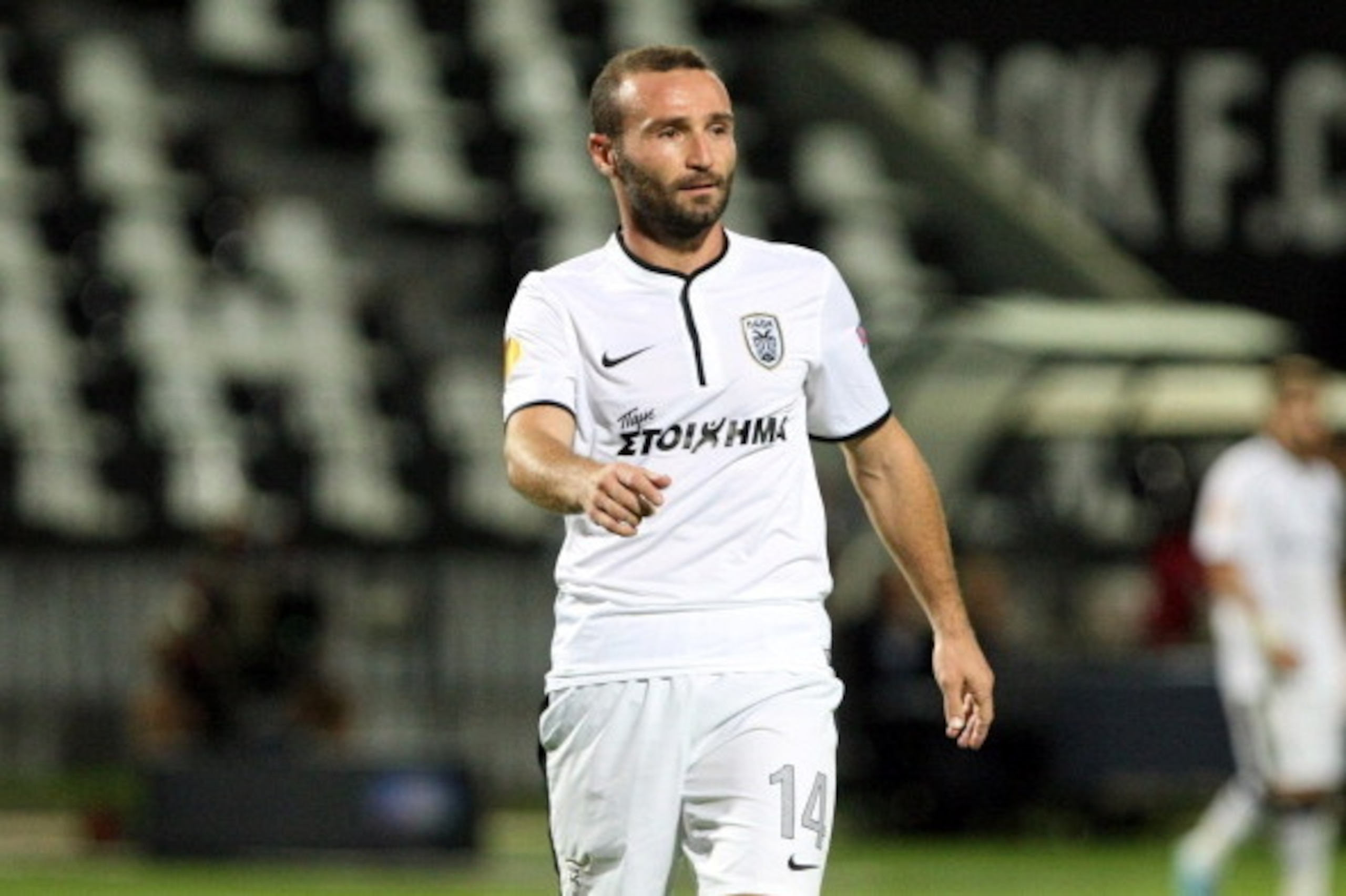 THESSALONIKI, GREECE - SEPTEMBER 19:  Dimitris Salpingidis of PAOK FC in action during the UEFA Europa League group stage match between PAOK FC and FC Shakhter Karagandy held on September 19, 2013 at the Stadio Toumba in Thessaloniki, Greece. (Photo by Sa